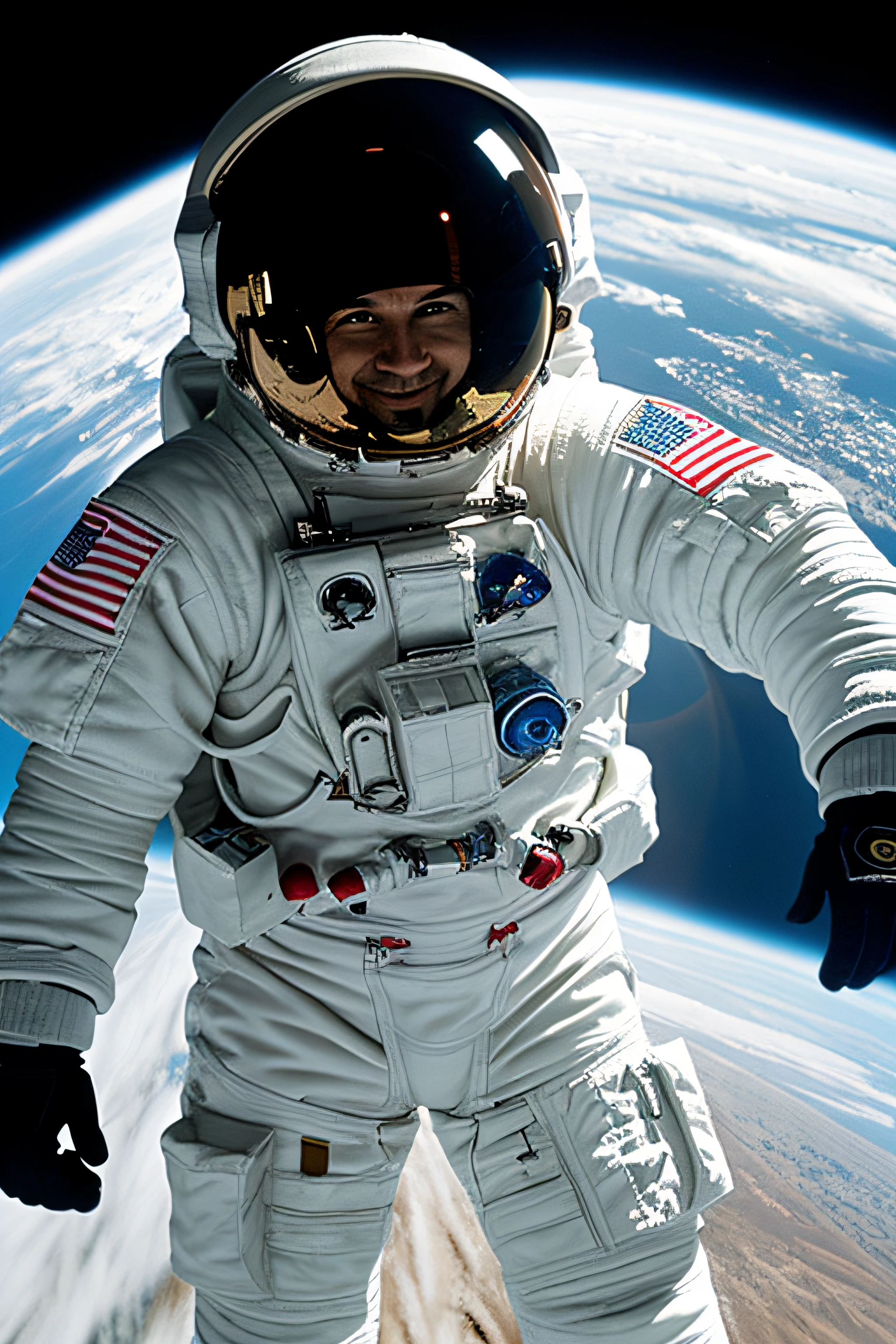 Photo of an astronaut presenting something to the audience. Da barriga para cima. He must be in space and not be wearing a helmet