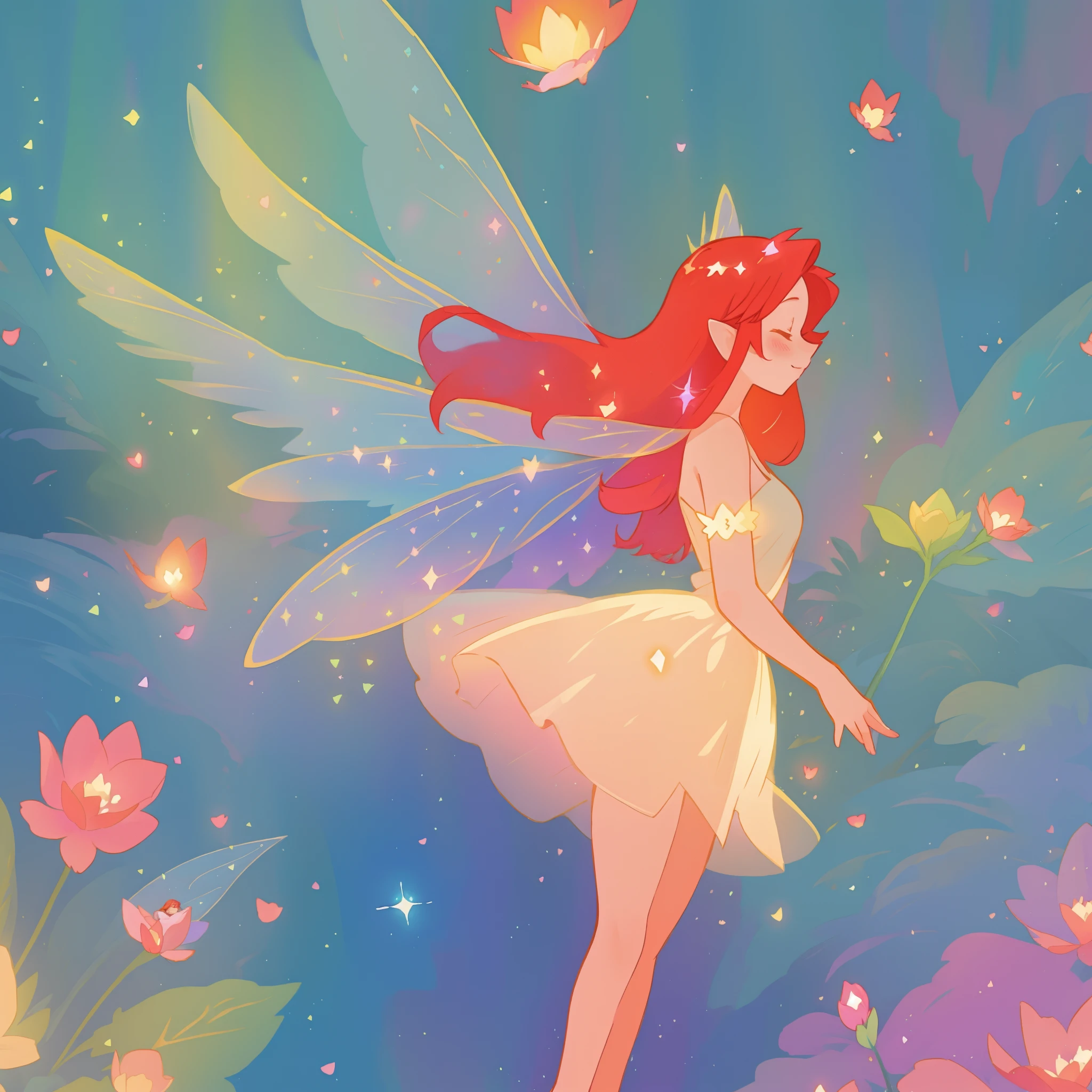 beautiful fairy girl in sparkling flowing dress, fairy dress, (huge sparkling fairy wings), fairy queen, ((magical colorful otherworldly landscape)), (glowing fairy wings), long red colorful hair, sparkling fairy wings, watercolor illustration, flowers and colorful plants, disney art style, glowing aura around her, glowing lights, beautiful digital illustration, fantasia otherworldly landscape plants flowers, beautiful, masterpiece, best quality, anime disney style