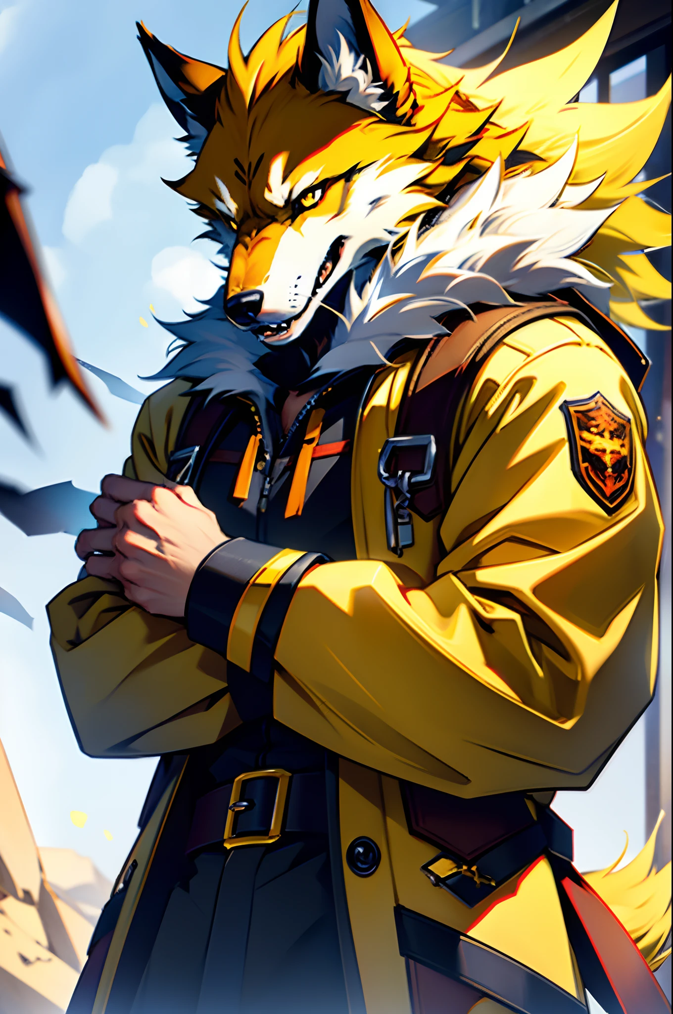 beste-Qualit, tmasterpiece, extra high resolution, Detailed background, realisti, 独奏, ember, humanoid, The Face of the Beast, wolf, The Face of the Wolf, Furry Wolf, werewolf, Werewolf with yellow fur , Yellow skin color, Yellow coat color, yellow and white wool, Furry, dressless, Chaotic Neutral, in full height, Little clothes, The body is visible, Visible fur , Horror \(subject\),Dark Fantasy, Nice guy , scoundrel, Depth of field.