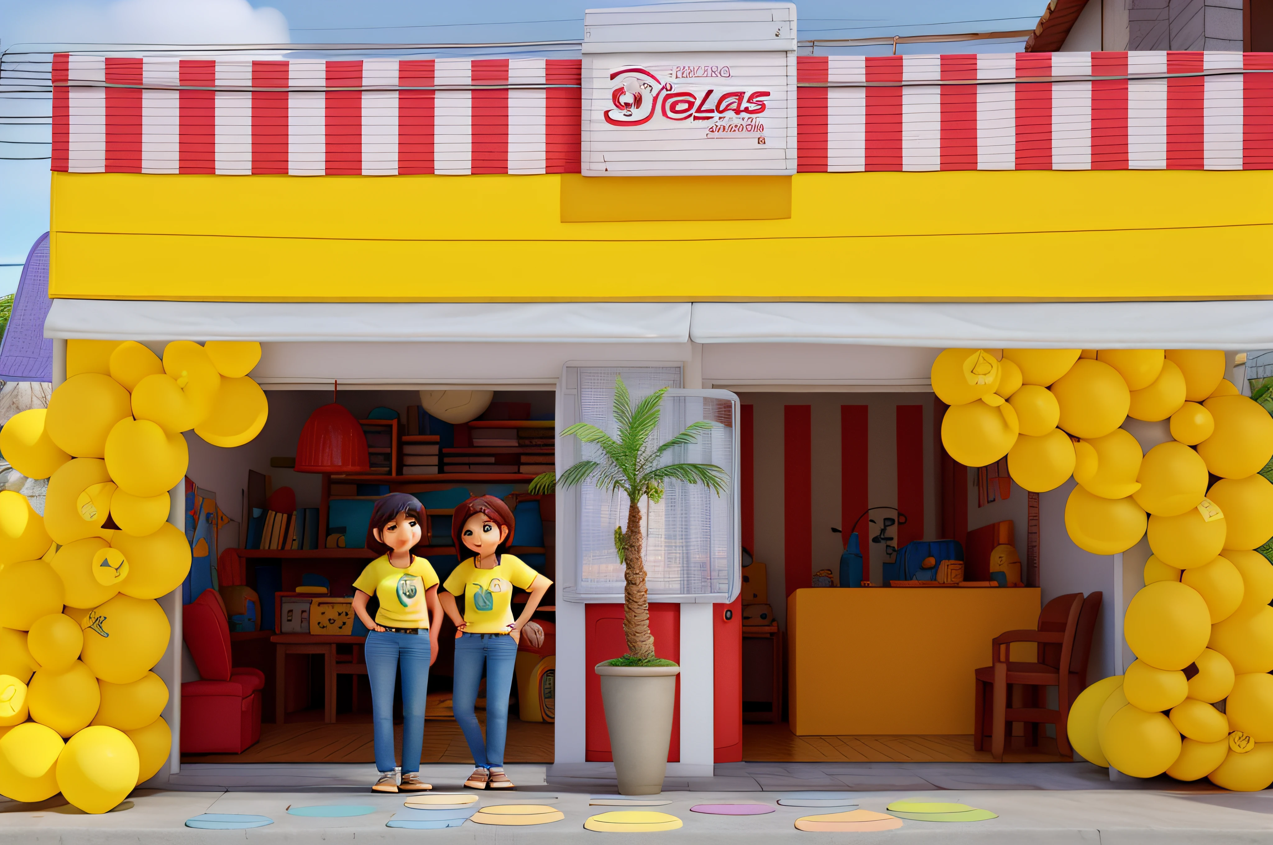Duas mulheres estilo pixar, com fundo de uma loja, alta qualidade, melhor qualidade