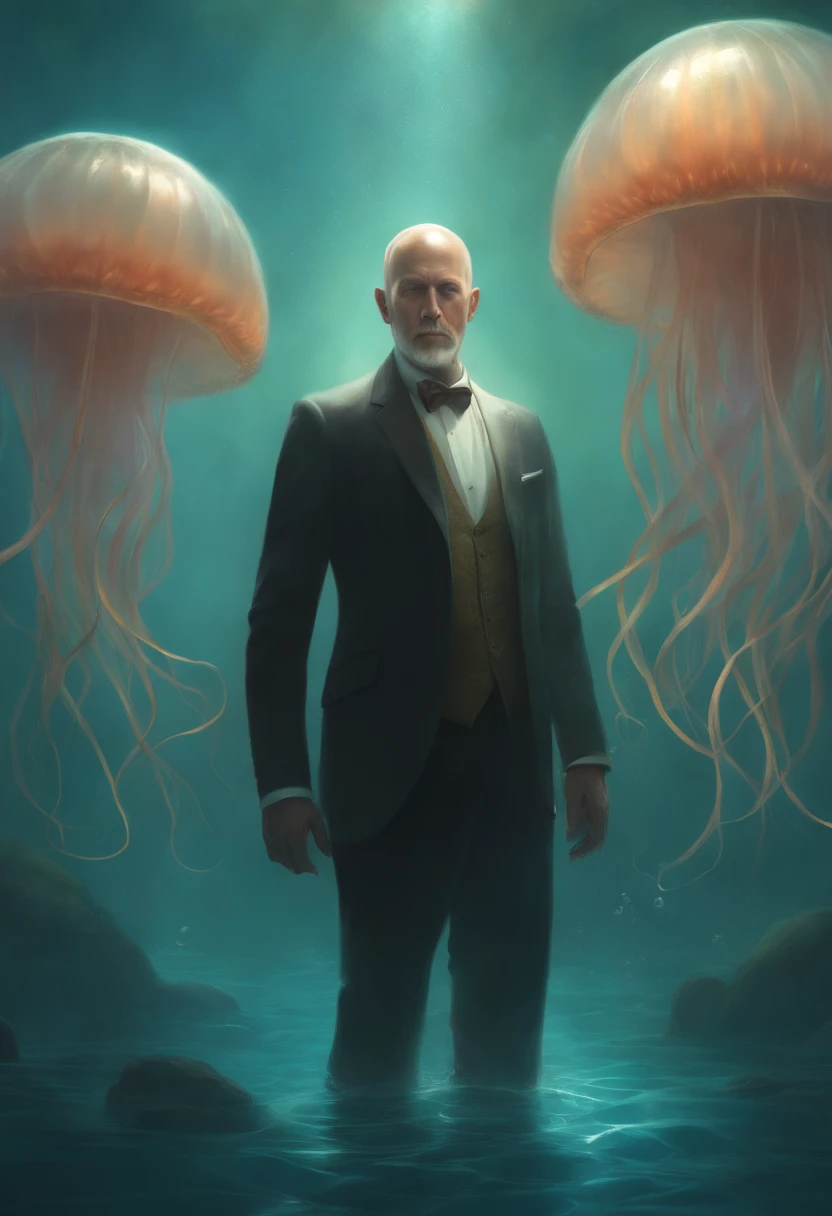 painting of a clean, bald, middle-aged white man who has no beard, with beautiful phosphorescent jellyfish around him, on a seabed, an ultra-fine detailed painting by ryohei hase, winner of the zbrush central contest, fantasy art, darius zawadzki and tom bagshaw, tuomas korpi and wlop, Donato Giancola and Tom Bagshaw, Yuri Shwedoff and Tom Bolsashaw