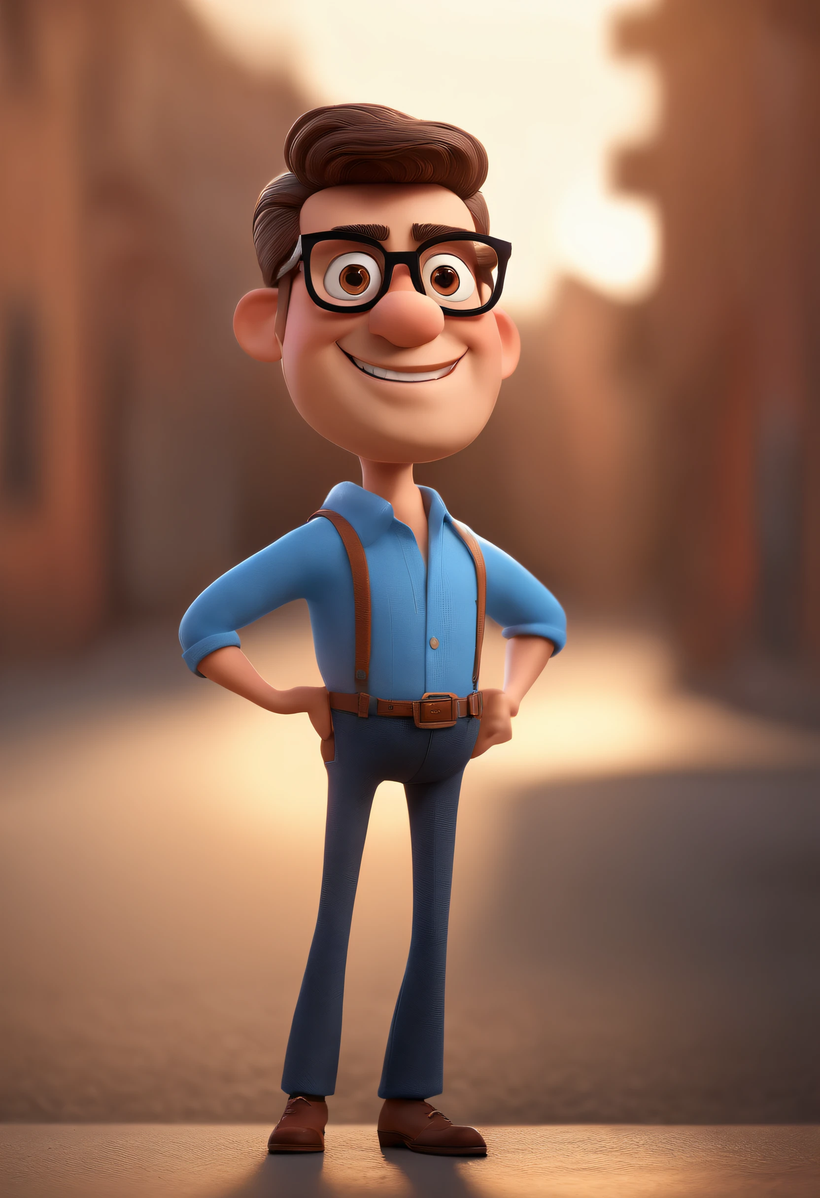 Cartoon character of a man with black glasses and a blue shirt, animation character, Caractere estilizado, animation style rendering, 3D estilizado, Arnold Maya render, 3 d render stylized, toon render keyshot, Personagem 3D, Personagem 3D, 3d rendering stylized, 3 d character render, personagem de desenho animado, Personagem de close up, Pose de personagem,  (Estilo Pixar) (master part:1.2) (Bokeh) (best quality) (pele detalhada) (textura detalhada) (8k) (argila) (Cinematic lighting) (foco nítido