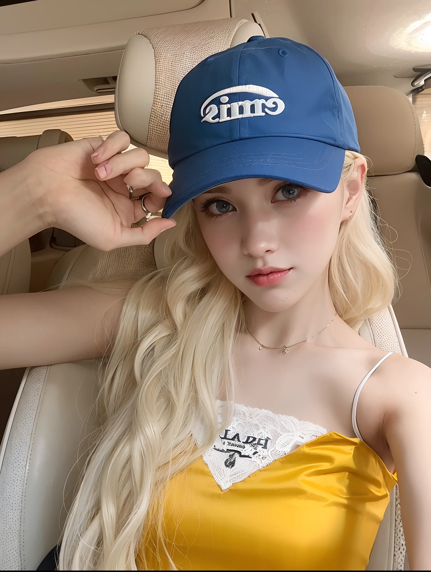 Blonde woman in a yellow dress and blue cap sitting in a car, ava max, dilraba dilmurat, linda Delphine, parece uma mistura de Grimes, Ela parece uma mistura de Grimes, Retrato de Kim Petras, parece uma mistura de Grimes, extremely pale blond hair, assemelhando-se a uma mistura de Grimes, Grimes, very very pale blond hair