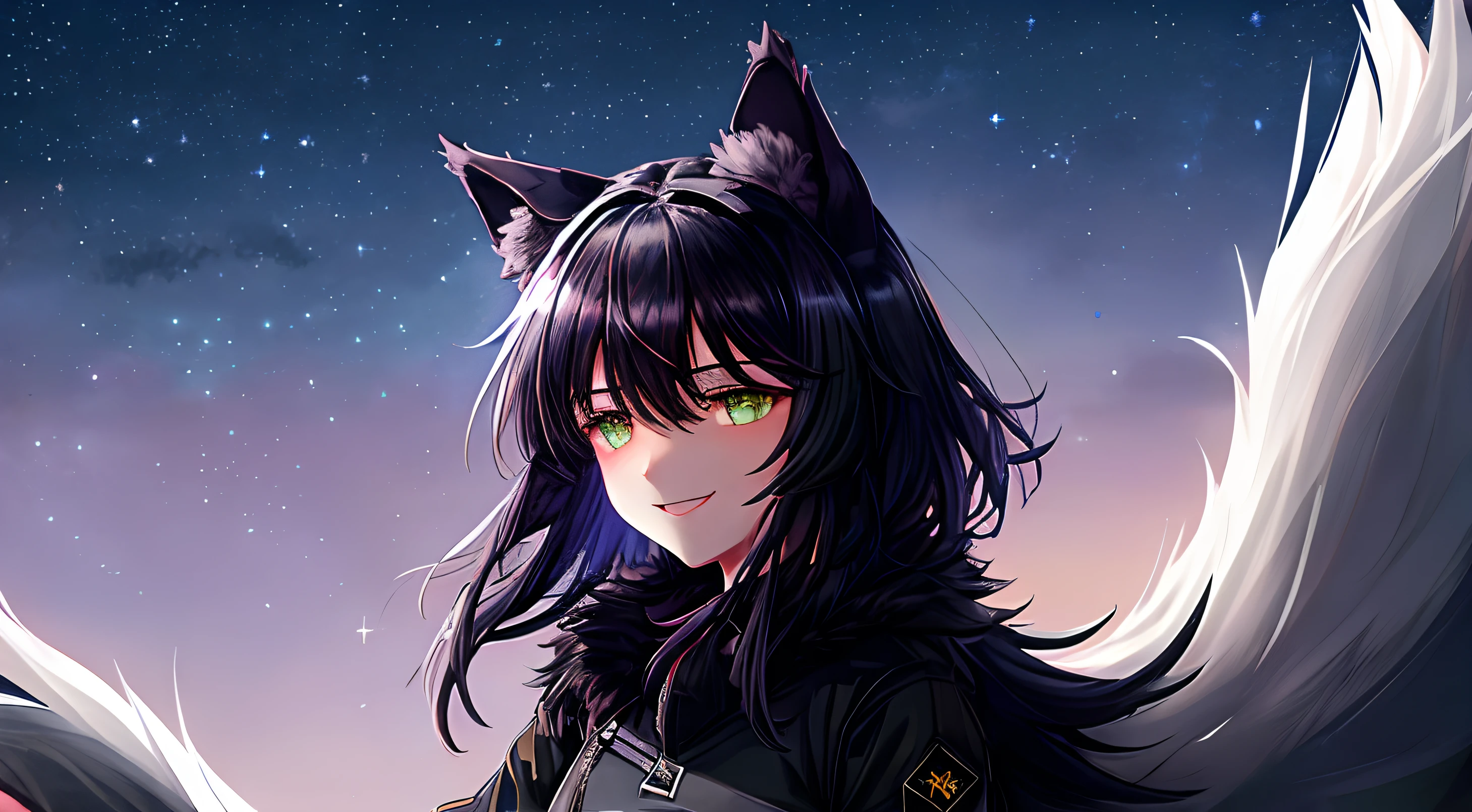 (((Night Sky Background))), Dark background, night time, The Wolf Girl, (((Black wolf ears with white fur inside))), black hair, Green eyes, ((Narrowed)), Smiling, hair fluttering in the wind, night  sky, Two moons, ((Black Military Jumpsuit)), Shoulder-length painting