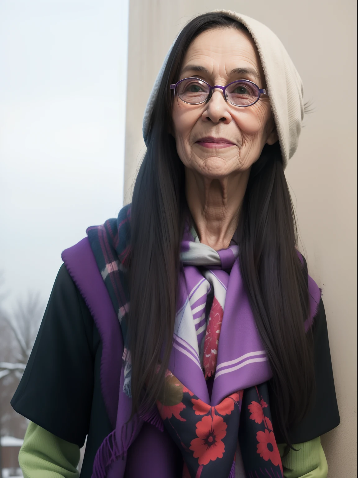 masterpiece, best quality, an old woman with glasses and a scarf on, wearing a purple coat and green scarf, standing at the park