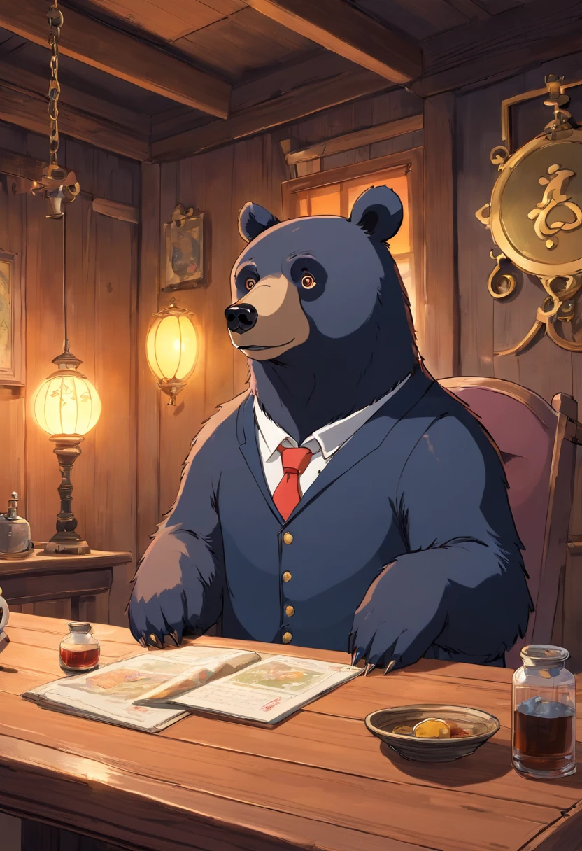 A black bear that has a human form but with a bear head and mafia clothes and has a smokey eye that sits with a moonshine that has a human form but with a moonshine head and mafia clothes and a smokey eye around a wooden table and are in the same room