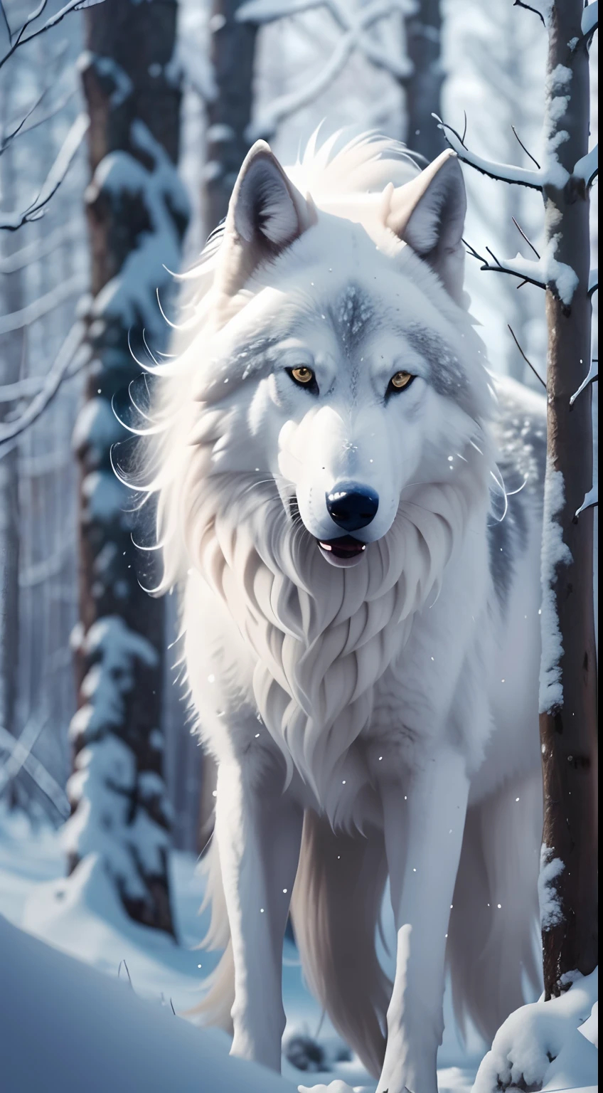 There's a white wolf walking through the snow in the forest, lobo branco, um lobo branco, Lobo branco com olhos azuis, lobo peludo, grande lobo, retrato do lobo da fantasia, foto de lobo, lobo, lindos olhos brancos brilhantes, olhos brancos brilhantes, Lobo em um campo de neve, dire wolf, retrato do lobo, foto de perfil, Wolp, Angielobo