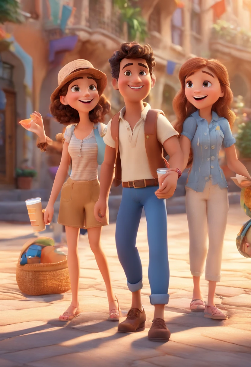 Cartoon of friends having fun on vacation together,  3D Animation Movie Poster, Poster de filme animado, pixar 3 d animation style, pixar renderman rendering, maia 8 mil, animated film, Disney Pixar Estilo 3D, amigos felizes saem juntos, all wearing light blue shirts and cream brown long pants, camisa azul clara, cream brown pants, ao ar livre, vacation, Disney Pixar Animation Poster