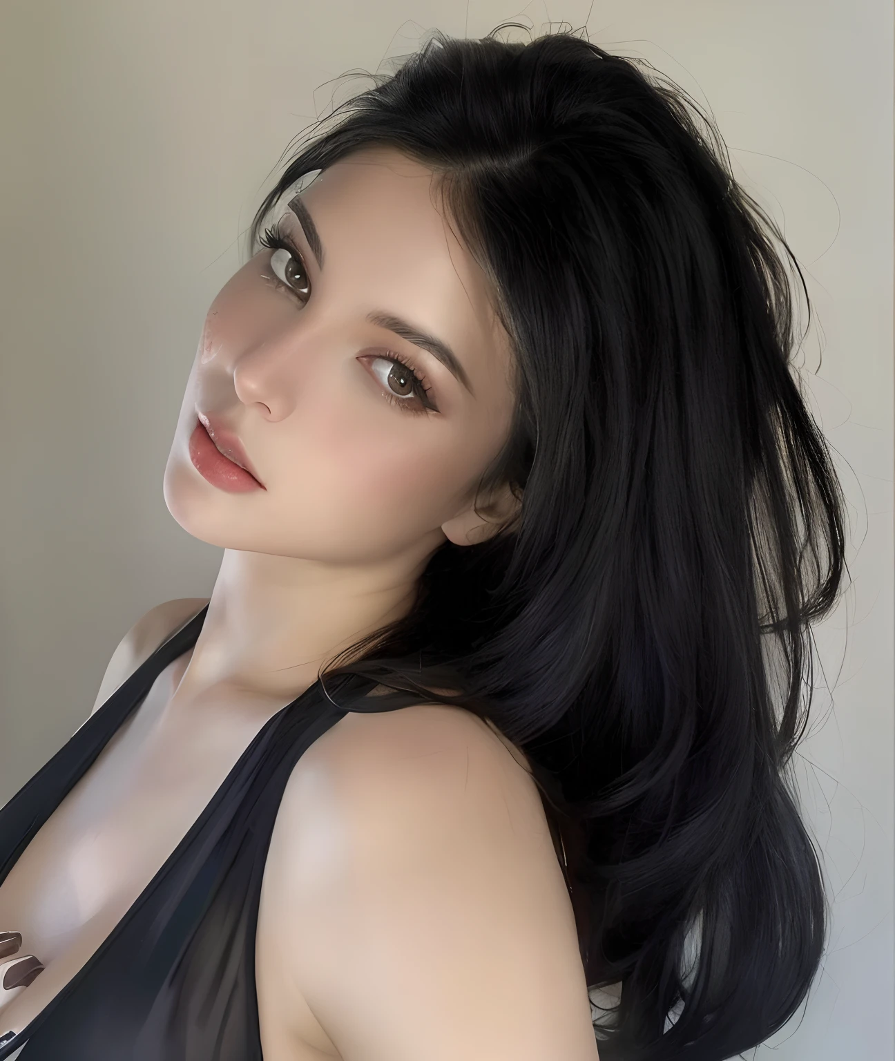 there is a woman with long black hair posing for a picture, pale-skinned persian girl, cabelos pretos e olhos grandes, She has black hair, cabelo e maquiagem escuros, cabelo preto rosto bonito, cabelos pretos e olhos castanhos, rosto bonito atraente, Anastasia Ovchinnikova, lindo rosto atraente, cabelo preto escuro, com cabelos pretos, Rosto Extremamente Bonito