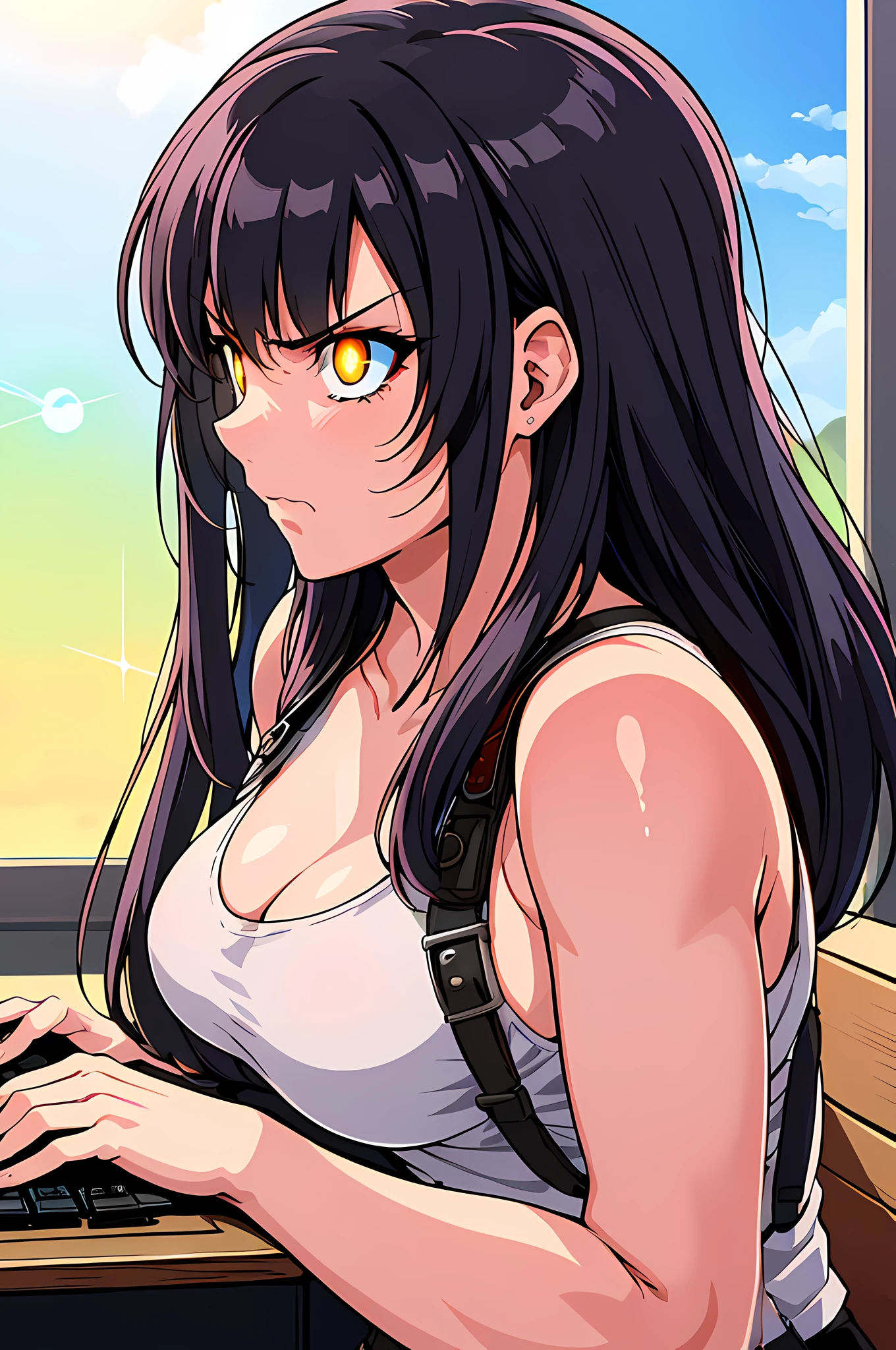 「"Don't look at Tifa in a sexual way."。」,
(top-quality:1.3), (masterpiece:1.4),(Anatomically correct), (Full limbs),(complete fingers),(Precise fingertips), (Fine details),(8K),Photorealista,(Super Detail),(90s Anime,9 0 s anime,9 0 s anime style,anime cels,cel shaded anime),(Tifa Lockhart:1.52), (1人の女性:1.5), ((She is sitting in a chair and operating a keyboard,Staring at your computer display,The chest is on the desk,The camera is capturing her profile):1.10), ((rage)), Color Theme Red, Dramatic light, Violence Everywhere, Bloody destruction of corpses in the background, Dark and blurry background, (angry expressions:1.52), (Raging Eyes:1.24), (Luminous Eyes:1.17), Mental breakdown, intimidation, Ways to harm, (irate:1.28), revenge, rage, destruction, murder, Maniacal, eyes focus,(Masterfully crafted Glow,Sky Blue Lens Flare:1.7), Hyper-detailing, (delicate detail), (intricate detailes), octane renderings, nffsw, (Hyper-detailing:1.15), (softlight:1.2), ultradetailed eyes,Plump, A thick, Rainbow Paint Drop,(super model:1.3), Paint Teardrop, Woman made up of paint, entirely paint, Splat, Splash, Indoors,(Bioluminescent hair:1.1),(radiant eyes),((make - up)),(Cinematic Masterpiece),intensely,Powerful,splashes of colour absolutely eye-catching,(Cinematic headlight),((coustics)),dynamic ungle,beautiful detailed brilliance,Ambient Occlusion,ambient lights,ray trace reflection,(The best lighting、extremely delicate and beautiful),((ciinematic light)),with light glowing,Happiness,Warm and soft lighting,