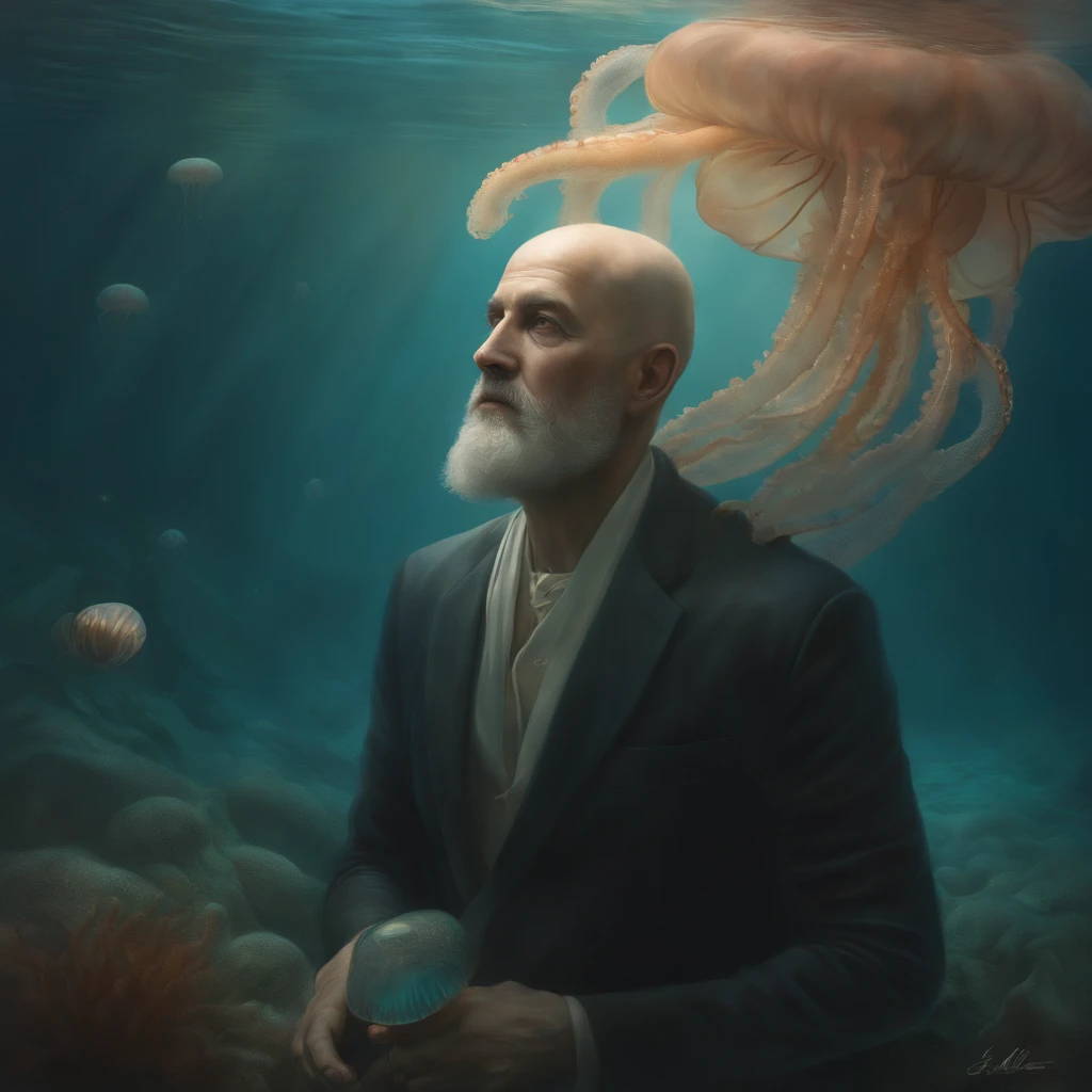 painting of a clean, bald, middle-aged white man who has no beard, with beautiful phosphorescent jellyfish around him, on a seabed, an ultra-fine detailed painting by ryohei hase, winner of the zbrush central contest, fantasy art, darius zawadzki and tom bagshaw, tuomas korpi and wlop, Donato Giancola and Tom Bagshaw, Yuri Shwedoff and Tom Bolsashaw