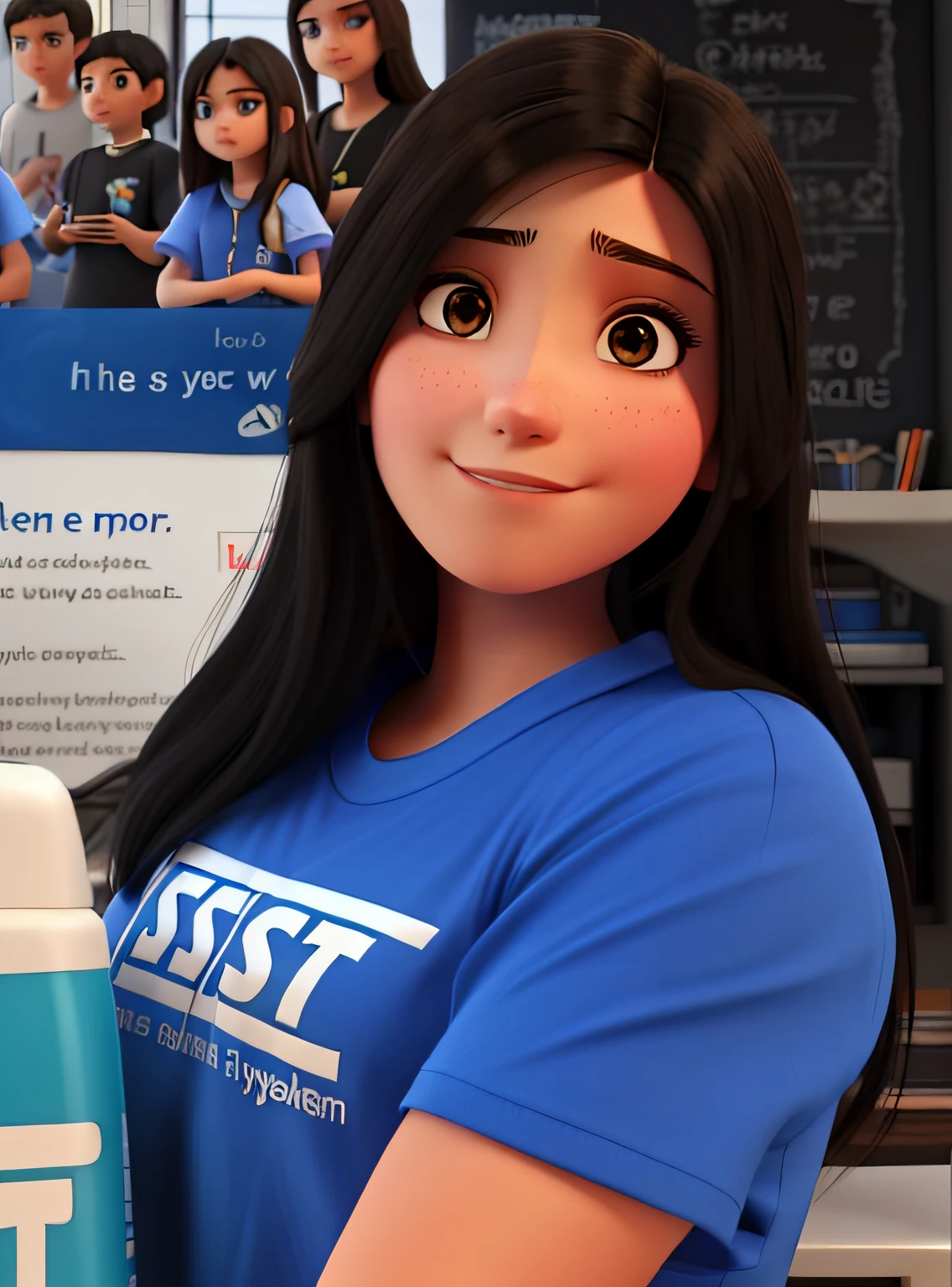 brunette with straight hair and black eyes wearing a blue shirt with ASSIST written on it