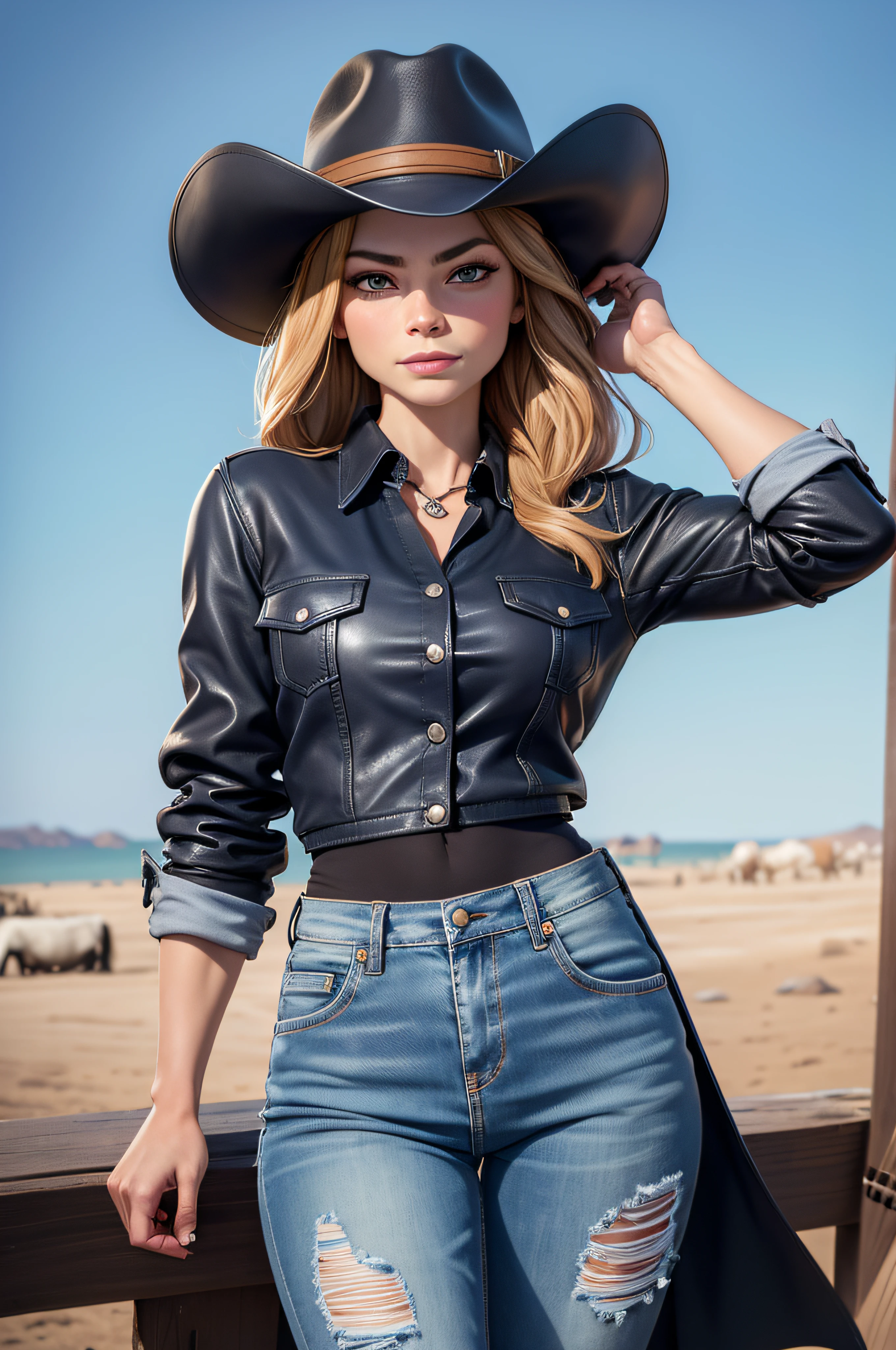 tmasterpiece, Hdr, 4K, 8k, Best quality, Kristin Kreuk portant une veste en cuir avec un chapeau de cow-boy:1.6, Collared shirt and denim jeans:1.5, cheveux bruns, Detailed face+Yeux verts,  seins moyens, mouth closed, Regarder le spectateur,  cheveux longs,  background: Ranch de cow boys avec des chevaux.