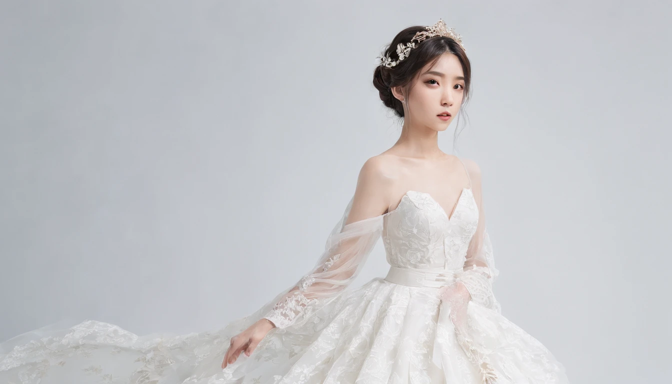 Japan female, 26 years old。A photo taken alone。wedding photos。I'm wearing a long wedding dress.、The hairstyle is an up-style chignon hair。A full-body photo with a white wall on the background.。Hands crossed below the navel。Composition like a portrait photo。More realistic。