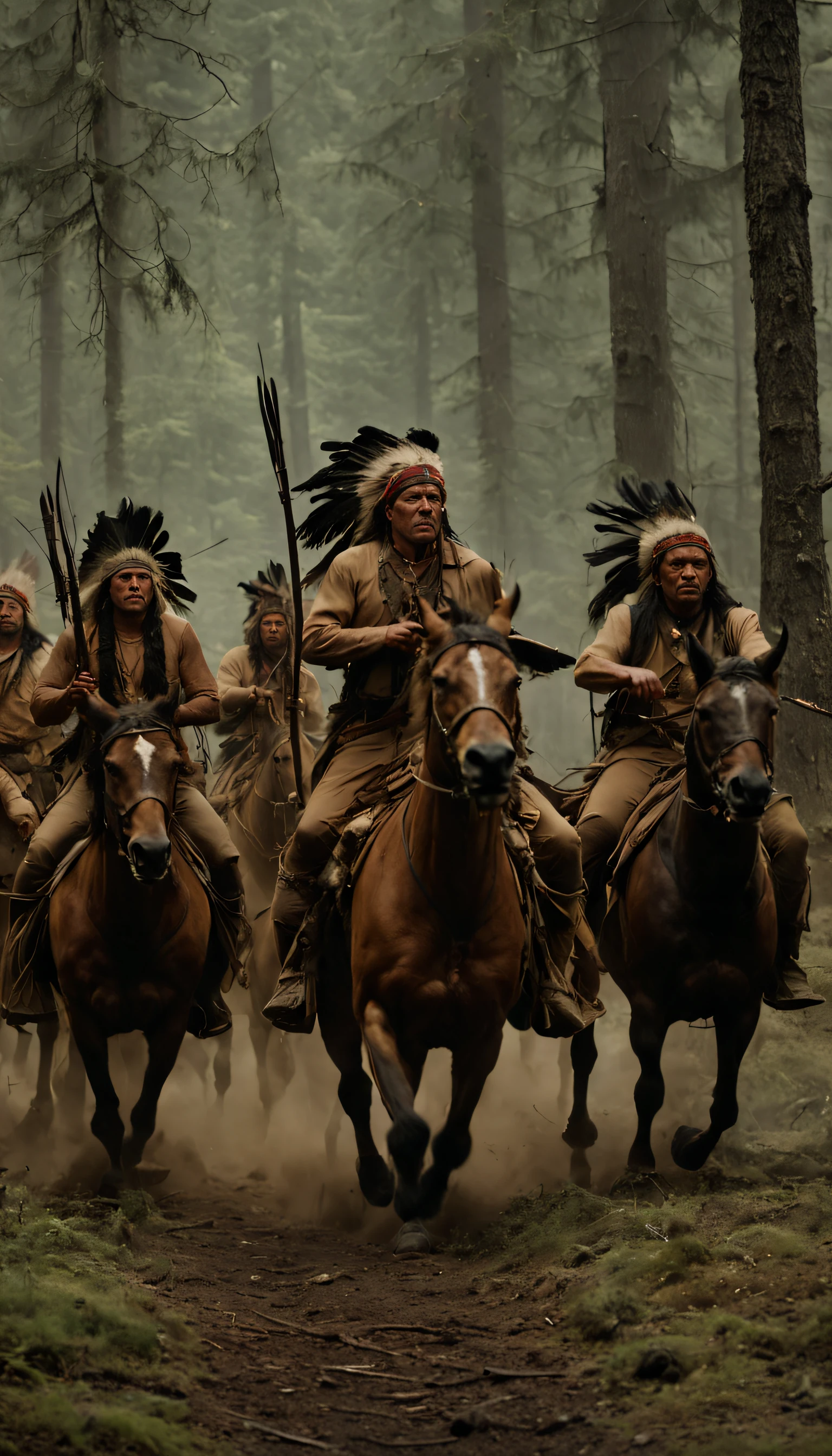 a group of Apaches running hunting after buffalo in the forest, spear, official, main scene of the film, by Joseph Severn, symmetrical artwork. cinematic, America first, film characters, official art, character reveal, film promo, ( (theatrical) ), seven, character portraits, alexander hamilton style, live action film, 8 k