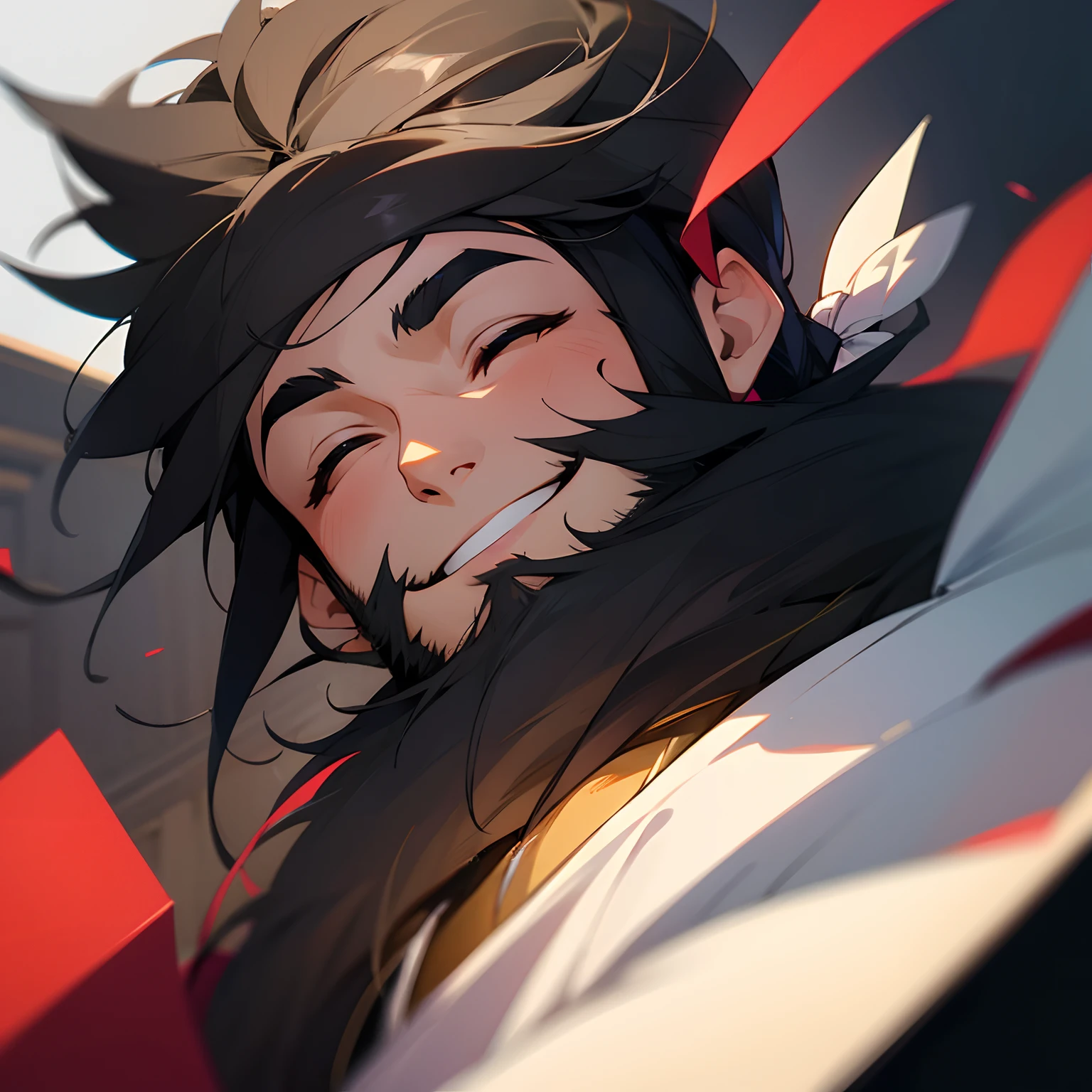 man, black hair, thin beard, smiling, eyes closed