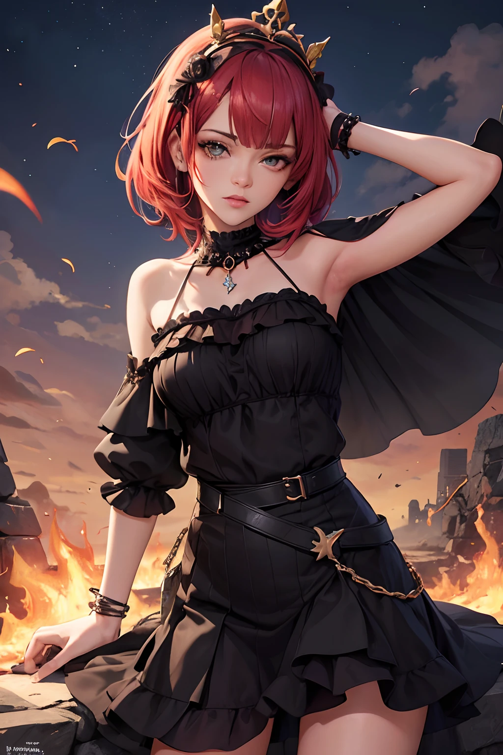 Rihanna ultra-détaillée se tient au sommet d’un tas de ruines en feu, Sa présence diabolique et insidieuse irradiant de sa couronne sombre et de sa robe de reine maléfique noire et rouge. Ses ailes de démon sur son dos et sa corne de démon lui donnent une aura invincible alors qu’elle déclenche une puissante vague de destruction d’un seul geste.