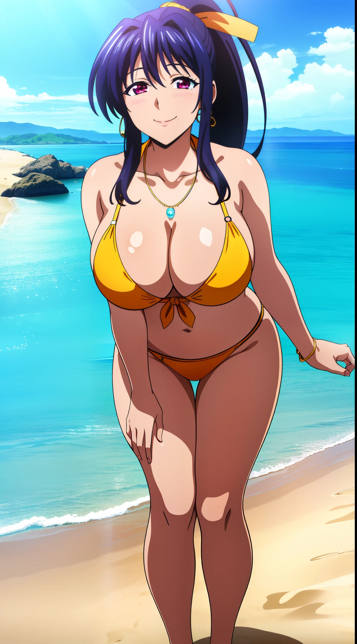 (best quality:1.5, highres, UHD, 4K, detailed lighting, shaders), himejima akeno, ponytail, large breasts, bikini, necklace, earrings, (pov, close sy, erotic, smiling, standing, beach background