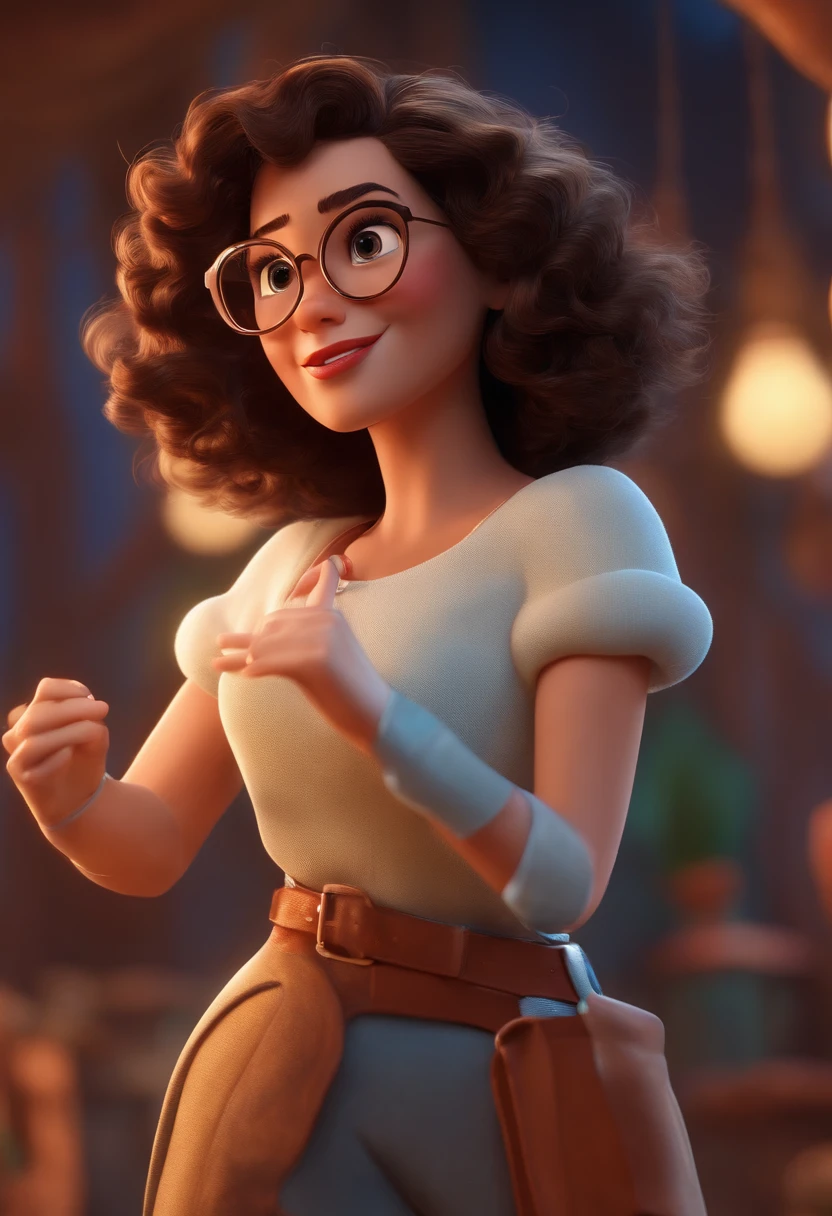 Pixar style image with 3D character white glasses brunette woman short curly hair dancing, Maquiagem Disney,Pescador, bonitinho, sorridente ,Close-up, Pixar, Disney, Cinema lighting,