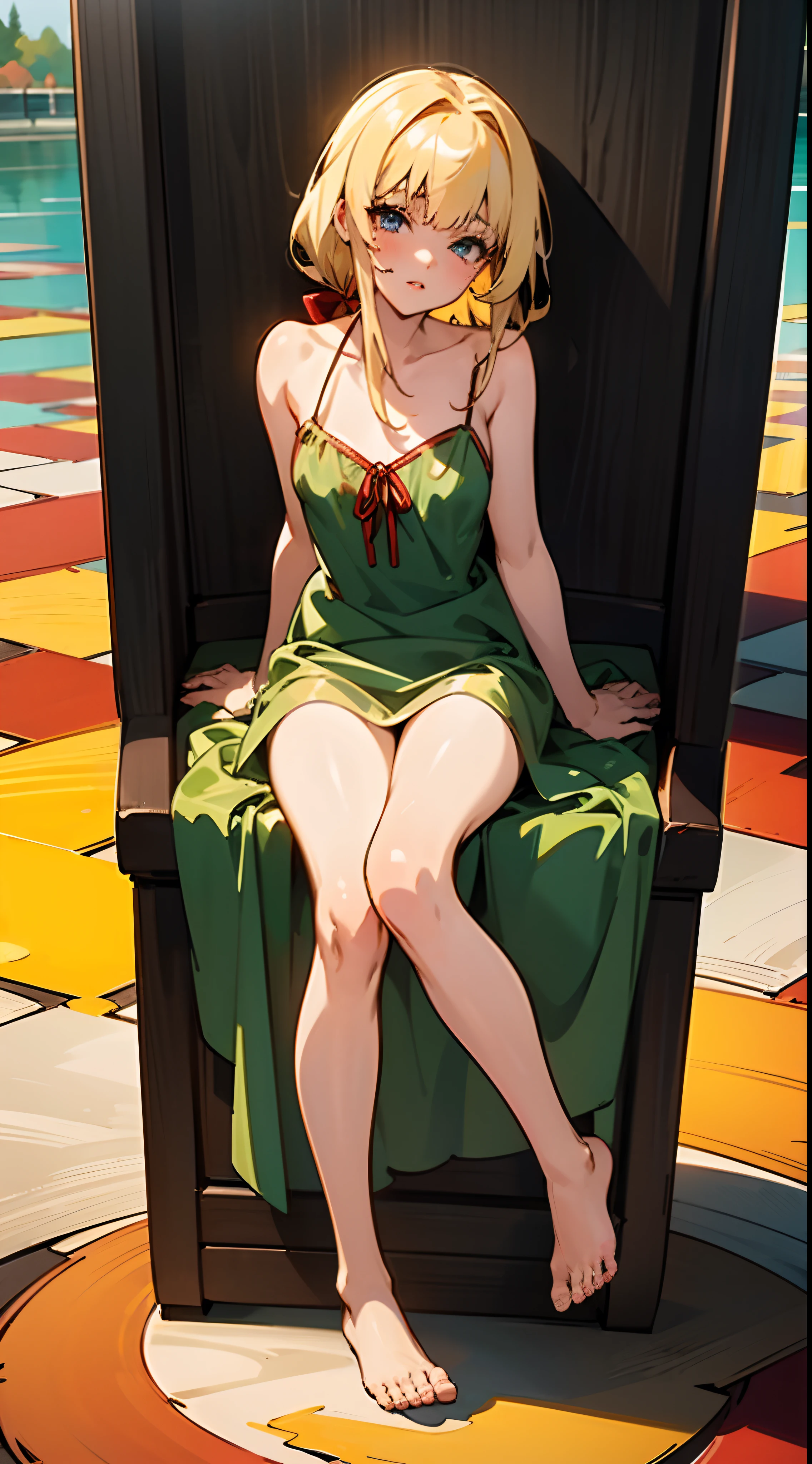 anime styled, Anime Artwork,wink,Clear eyes, Pretty lips, Beautiful girl with well-formed face,long eyelashes, Blonde hair tied with a red ribbon, A begging look, Sheer emerald green short dress in sheer fabric, fullnude,bare-legged,Draw the whole body from the top of the head to the toes。Lakeside in autumn,