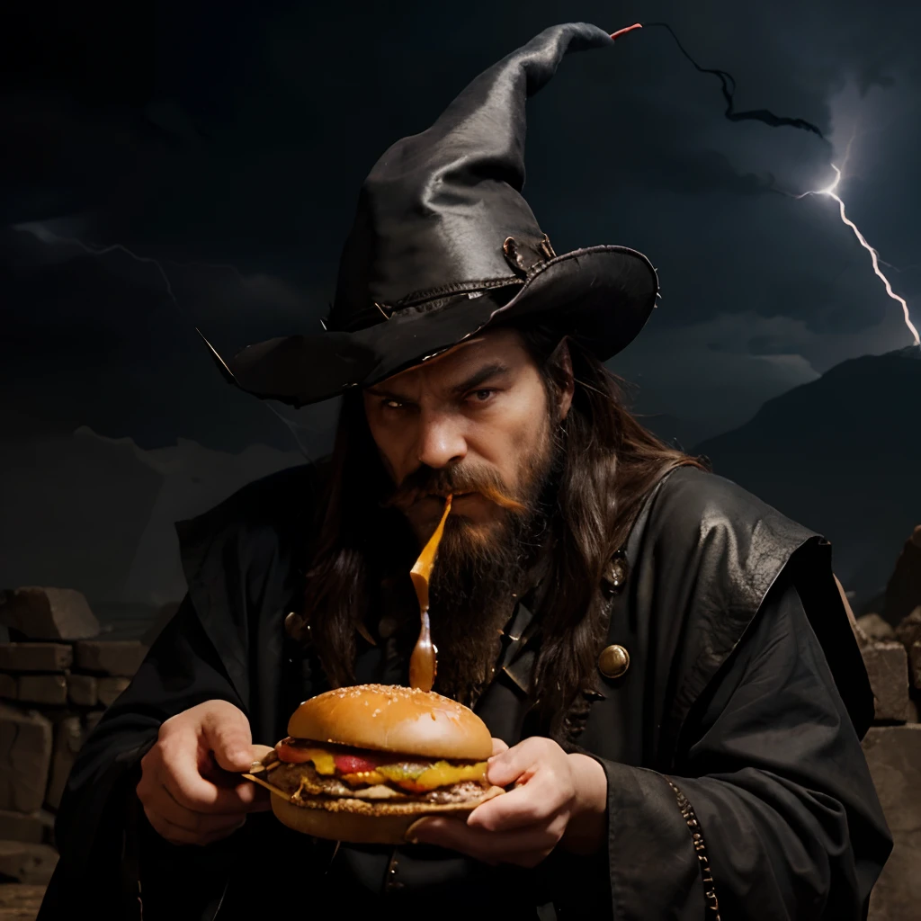 Ancient Dastardly evil wizard with long beard and pointy hat shooting lightning out of fingertips while eating giant oozing cheeseburger