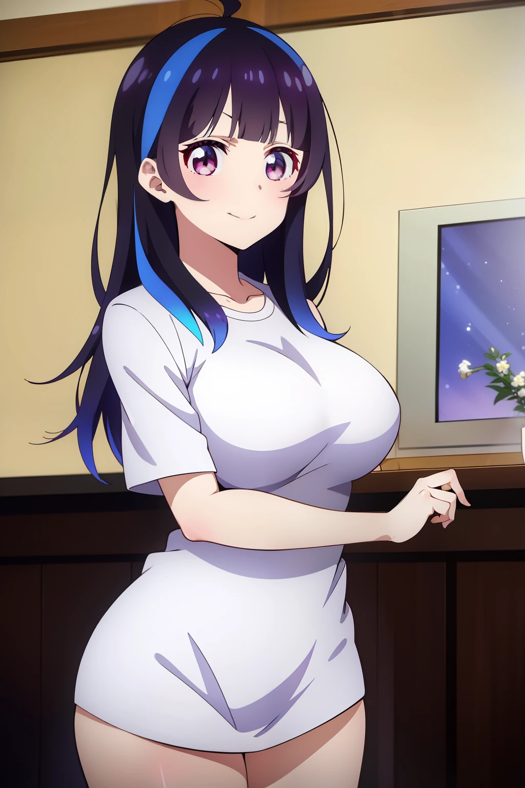 Minya Emori, Mini Yaemori, Long hair, Bangs, Black hair, Blue hair, (Purple eyes:1.1), multicolored hair, Blunt bangs, striated hair, Ahoge,BREAK  shirt, White shirt, Short sleeves, clothes writing,BREAK looking at viewer,Break indoors,BREAK (masutepiece:1.2), Best Quality, High resolution, Unity 8k壁纸, (Illustration:0.8), (Beautiful detailed eyes:1.6), extra detailed face, Perfect Lighting, extremely details CG, (Perfect hands, Perfect Anatomy),Naughty big、large full breasts、a smile、cowboy  shot、thighs thighs thighs thighs、