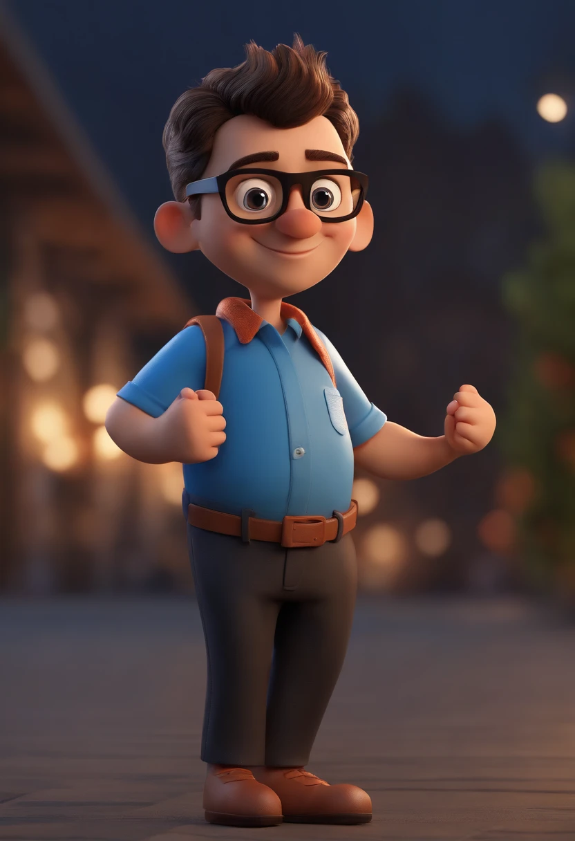 Cartoon character of a man wearing black glasses and a blue shirt, um personagem animado, Caractere estilizado, animation style rendering, 3D estilizado, Arnold Maya render, 3 d render stylized, toon render keyshot, Personagem 3D, Personagem 3D, 3d rendering stylized, 3 d character render, personagem de desenho animado, Personagem de close up, Pose de personagem, (Estilo Pixar) (master part:1.2) (Bokeh) (best quality) (pele detalhada) (textura detalhada) (8k) (argila) (Cinematic lighting) (foco nítido，Senta e vaza a parte superior do corpo