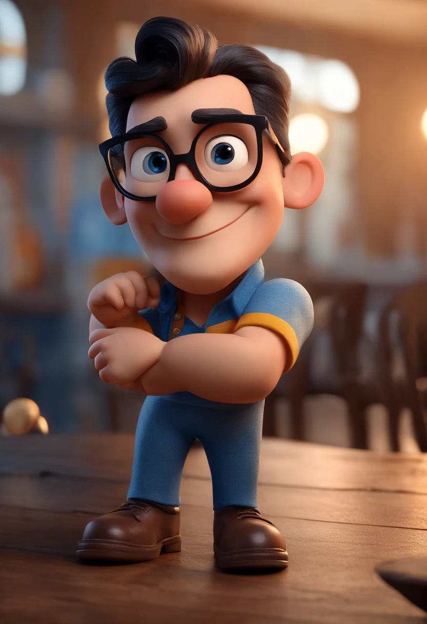 Cartoon character of a man with black glasses and a blue shirt, animation character, Caractere estilizado, animation style rendering, 3D estilizado, Arnold Maya render, 3 d render stylized, toon render keyshot, Personagem 3D, Personagem 3D, 3d rendering stylized, 3 d character render, personagem de desenho animado, Personagem de close up, Pose de personagem, (Estilo Pixar) (master part:1.2) (Bokeh) (best quality) (pele detalhada) (textura detalhada) (8k) (argila) (Cinematic lighting) (foco nítido