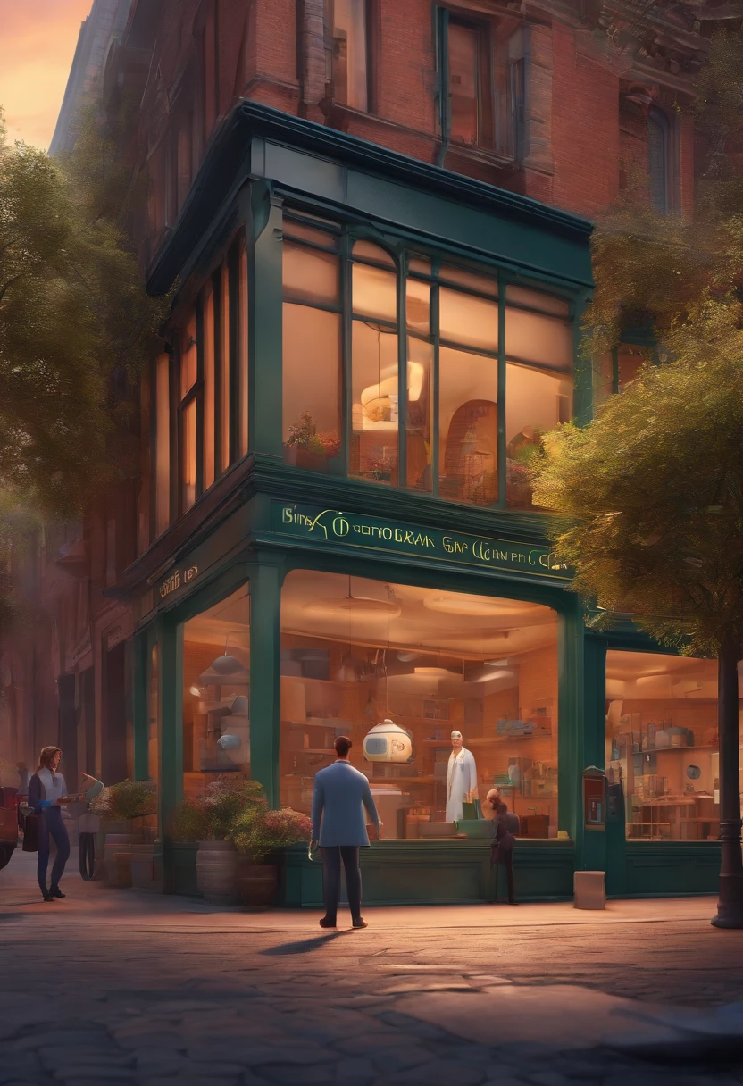 Pixar 3D style drawing of a slimming clinic in the city center with a character in the foreground