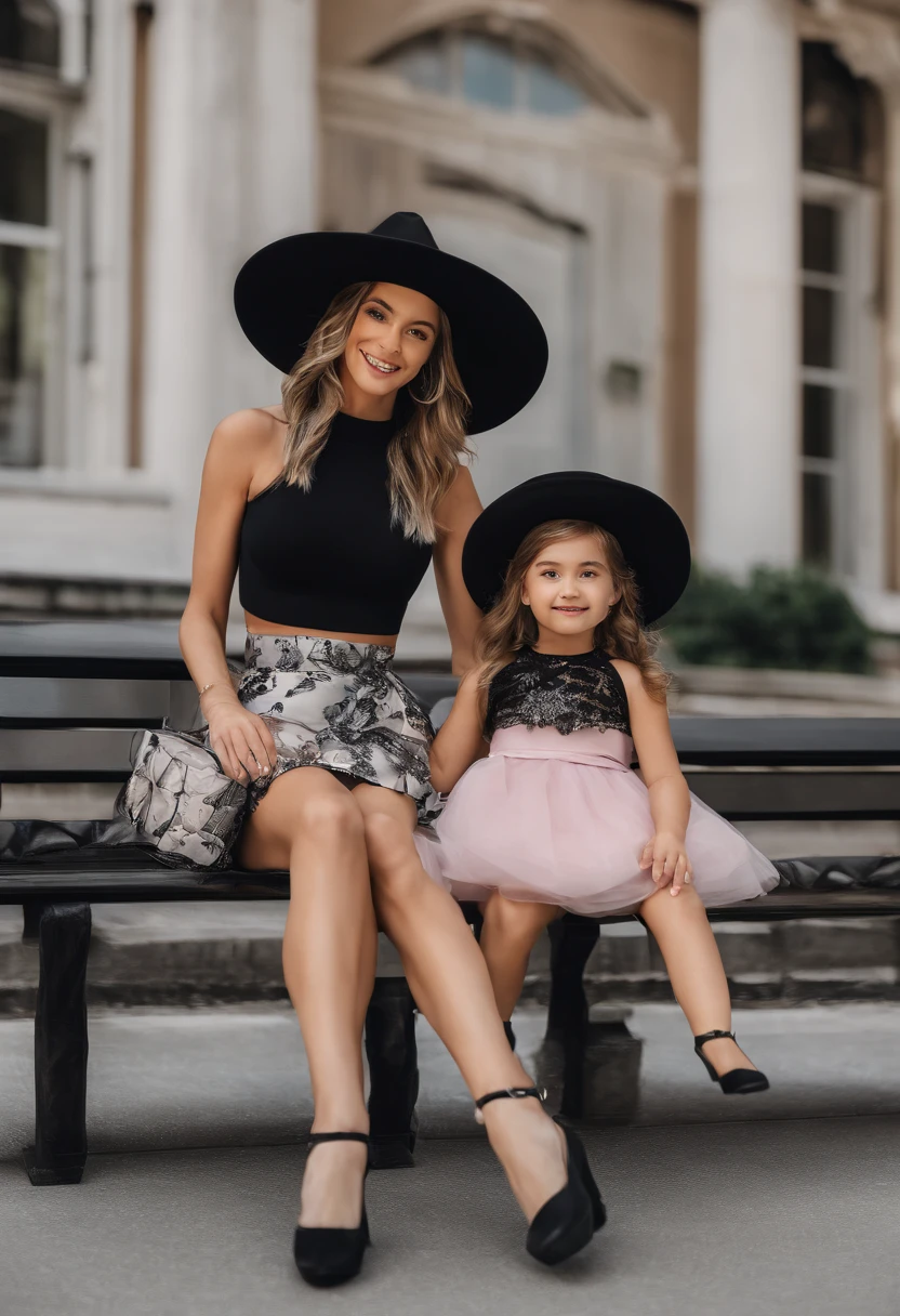 Mother and daughter sitting on bench, com chapeu de halloween . A mae com cropped e saia cor de rosa , The girl in black skater style pants and black crop top.