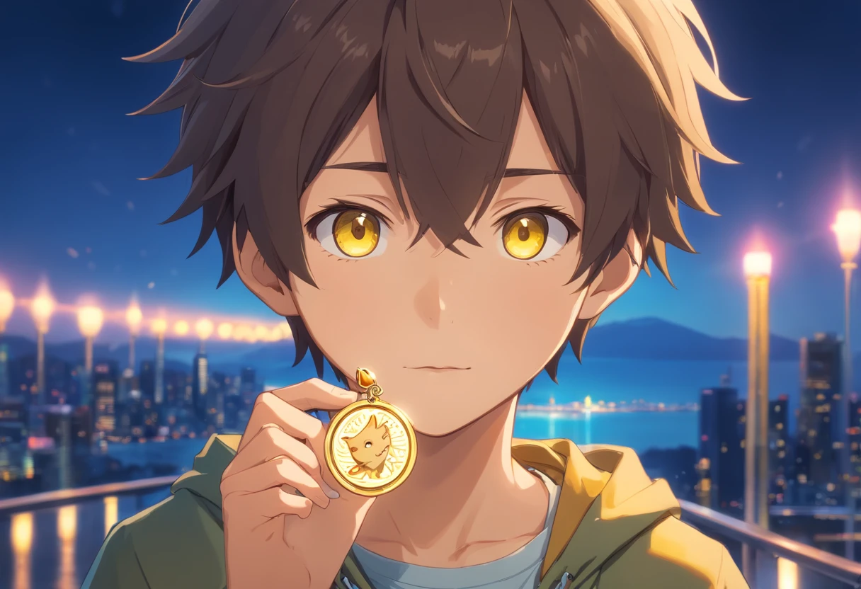 Boy holding a locket,cabelo do e preto, In this medallion there is a symbol of a wolf,of a highlight in this medallion, the boy's eyes are yellow, foto frontal, rosto perfeito, Boy holding a locket, In this medallion there is a symbol of a wolf, the boy's eyes are yellow, foto frontal, rosto perfeito, olhos perfeitos, Olhos 4k perfeitos, 4k