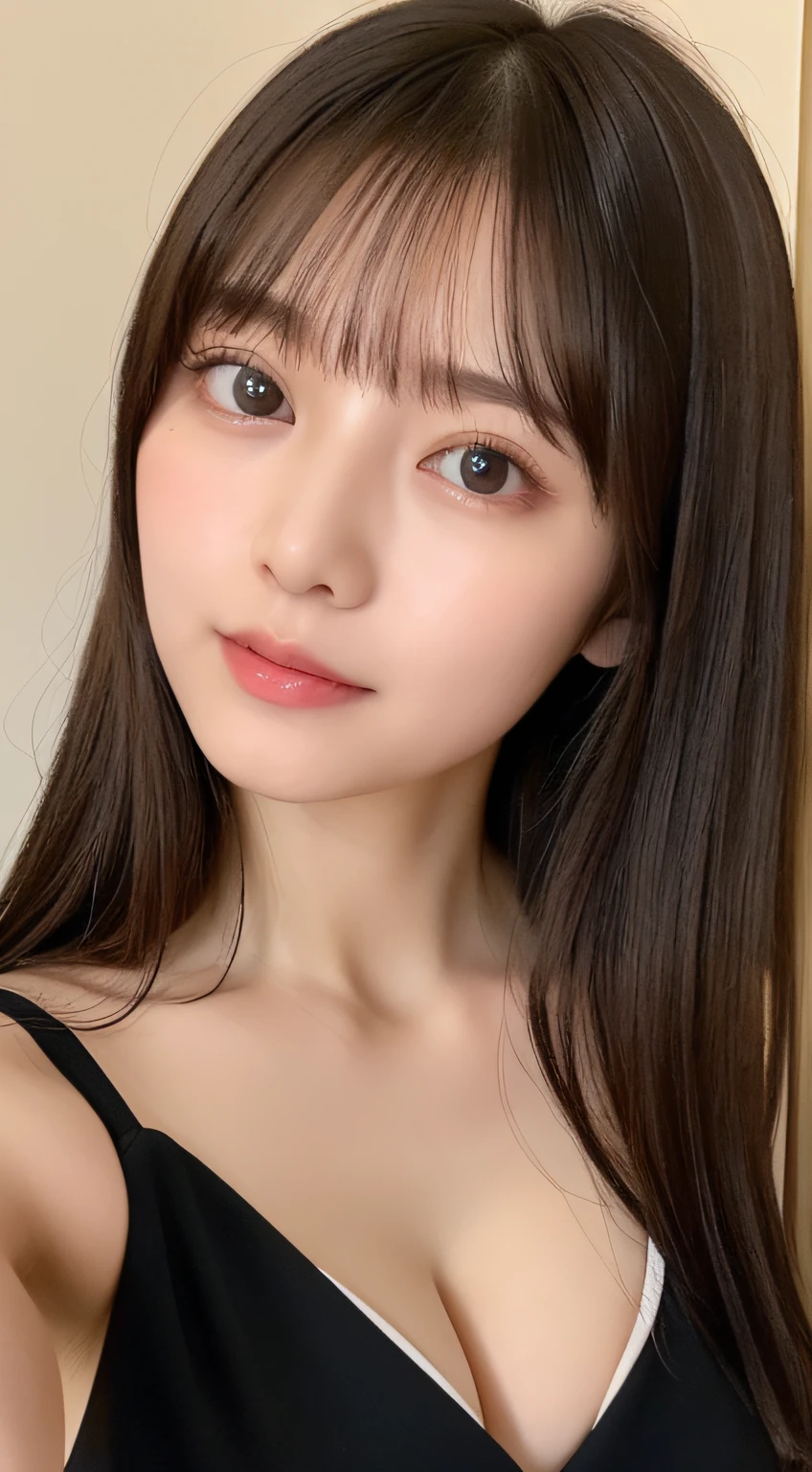 ((top-quality、8K、​masterpiece:1.5))、One girl、(Unhealthy face)、(Letter to)、Blunt bangs、(Lots of bangs:1.4)、(full body Esbian:1.4)、(Symmetrical face)、hyperdetailed face、Ultra detailed mouth、A detailed eye、Detailed ears、Slim Faces、(selfee:1.4)、(off shoulders)、(Armpit)、(Looking Up)、(From  above)、(Straight long hair、Ahoge:1.3)、(Upper Eyes)、the background is blurred、(formal suit、cleavage of the breast:1.3)、lipgloss、(hotel)、(natural soft light:1.3)、