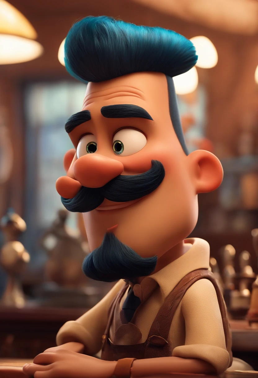 A Dream Barber Inspired by Pixar Animation, de perto. The character takes center stage with captivating facial expressions, oferecendo um toque de irrealidade, Cabelo curto e gordinho gradiente
