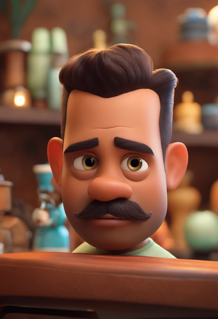 A Dream Barber Inspired by Pixar Animation, de perto. The character takes center stage with captivating facial expressions, oferecendo um toque de irrealidade, Cabelo curto e gordinho gradiente