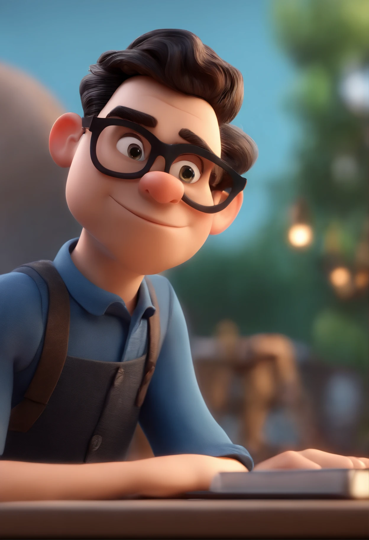 Cartoon character of a man wearing black glasses and a blue shirt, um personagem animado, Caractere estilizado, animation style rendering, 3D estilizado, Arnold Maya render, 3 d render stylized, toon render keyshot, Personagem 3D, Personagem 3D, 3d rendering stylized, 3 d character render, personagem de desenho animado, Personagem de close up, Pose de personagem, (Estilo Pixar) (master part:1.2) (Bokeh) (best quality) (pele detalhada) (textura detalhada) (8k) (argila) (Cinematic lighting) (foco nítido,Senta e vaza a parte superior do corpo