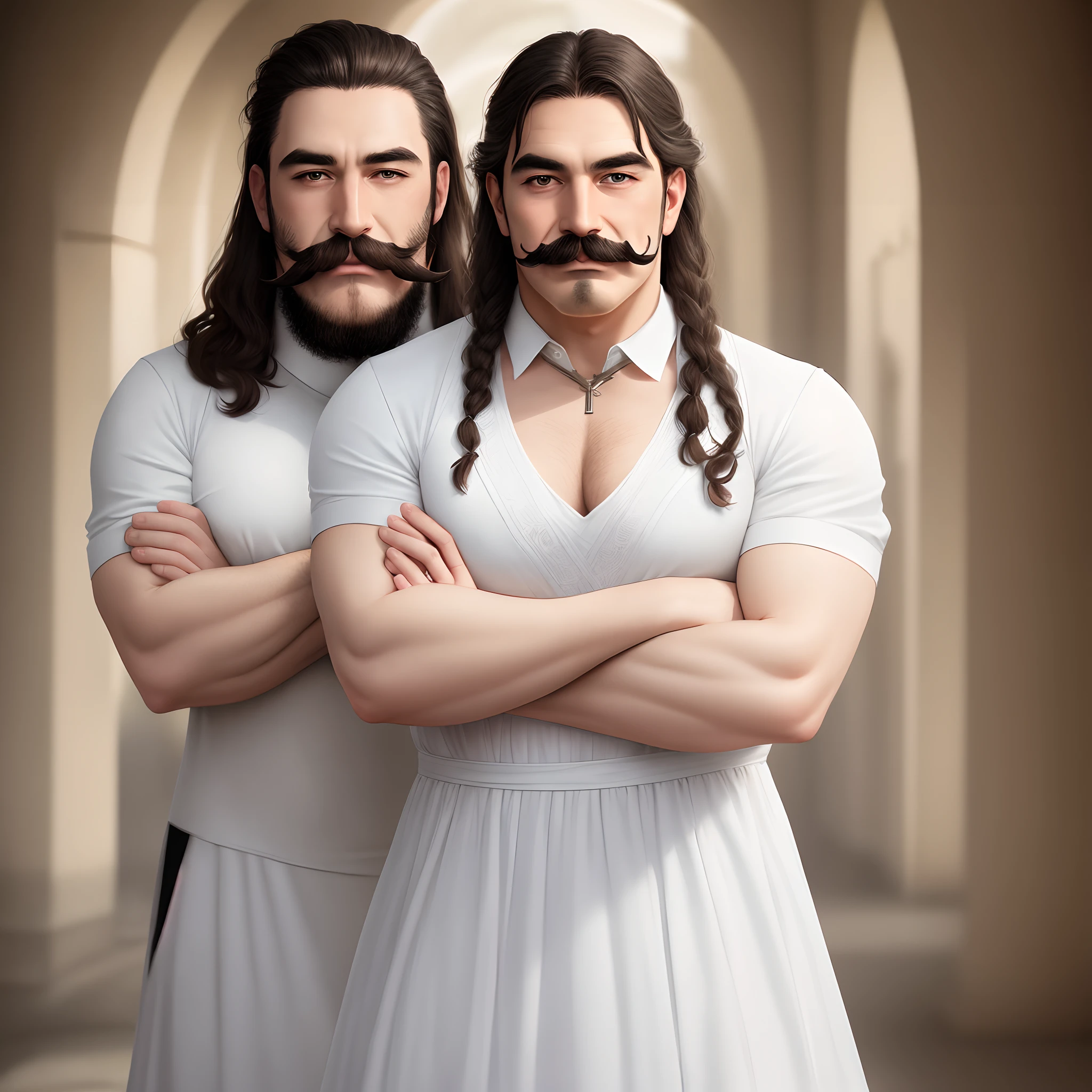 Massagista, All-white dress with crossed arms and a thick moustache