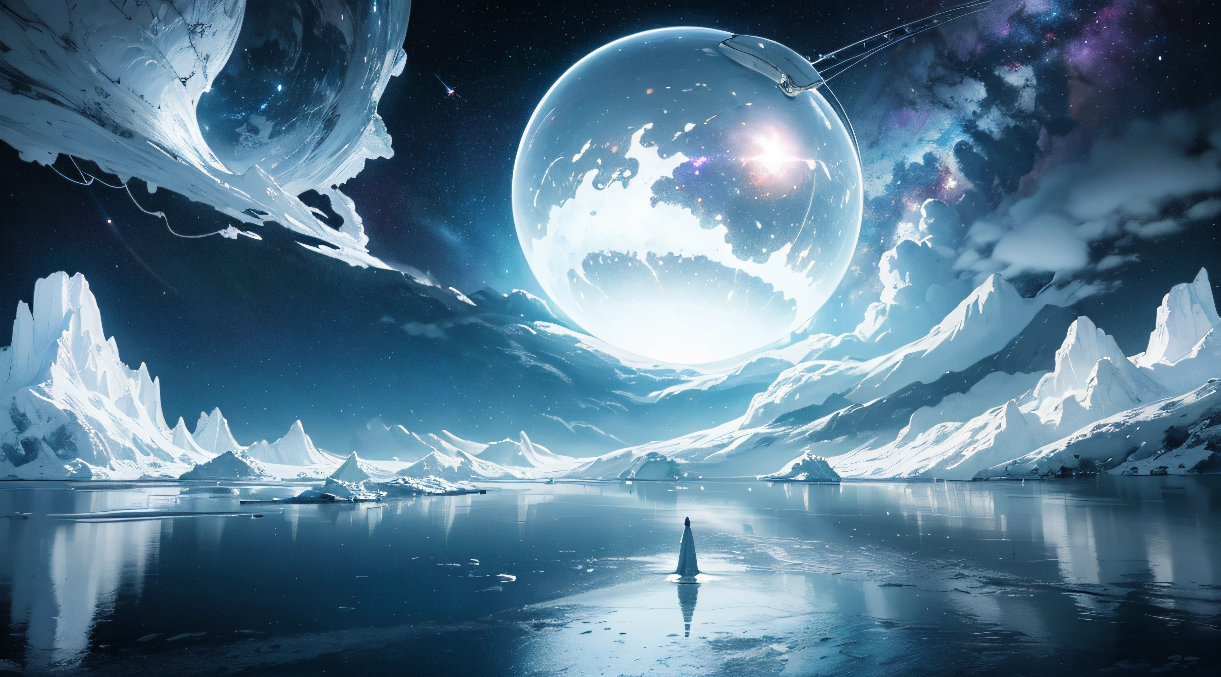 Lots of detail,ultra intricate,Super bright,White tones,There is a cable car floating in the water, Cosmic cloudscape, Land of Fantasy, Astral spheres , icy, relaxing atmosphere, dreamy night, liminal space in outer space, dreamy aesthetic, Fantasy resonates with dreams, Relaxing environment