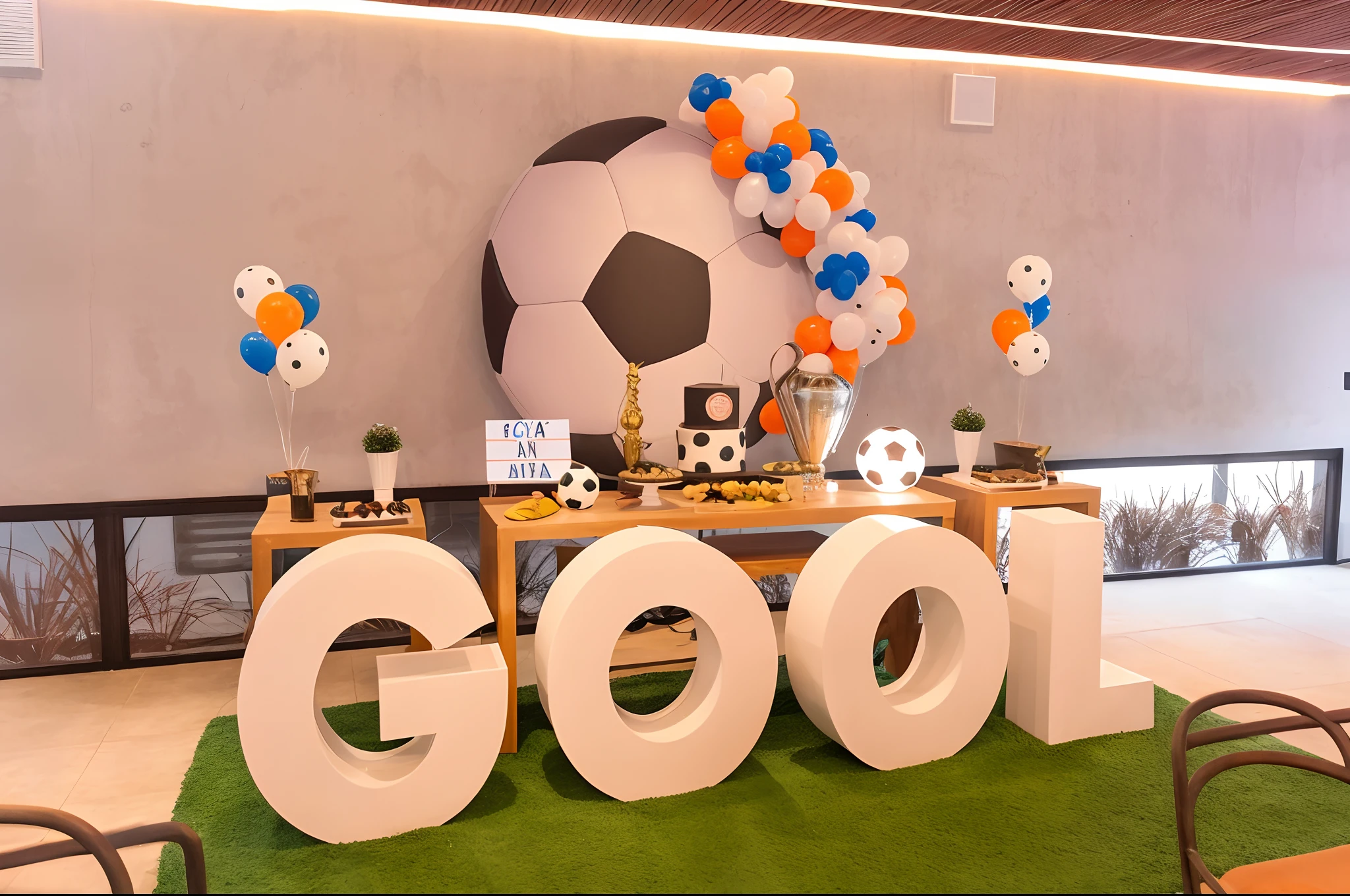 There's a football-themed party with a giant sign and balloons, estilo esportivo profissional, acontecimento, fantasy themed, pano de fundo, futebol, Voodo Decoration, comemorar gol, cool looking, escola antiga, tiro interno, 🐎🍑, ter uma festa legal, sao paulo, ambiente interno, Motivacional, Divirta-se, O melhor no Adobe Stock, atmosfera calorosa e alegre