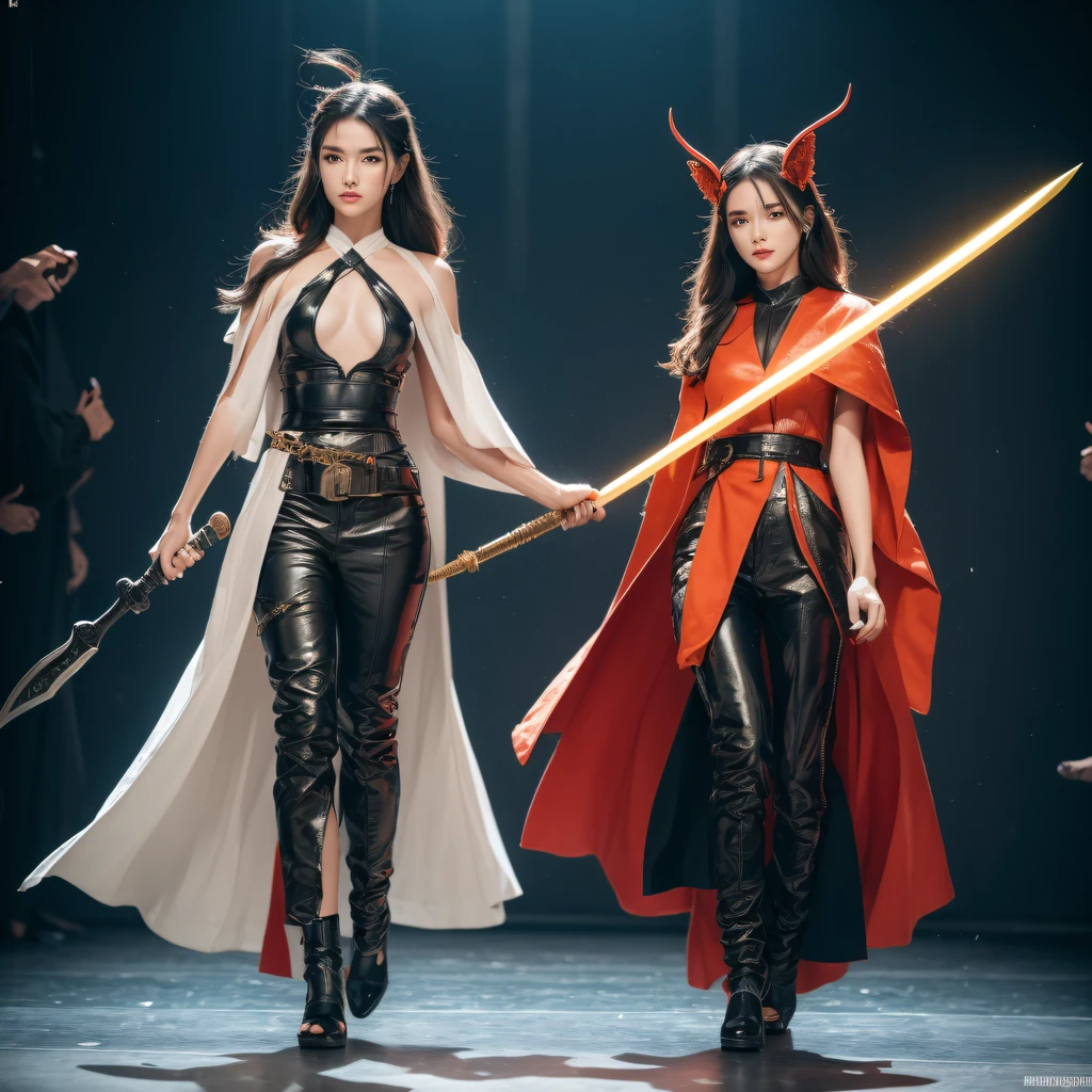 model of fashion show,Fashion show cupcakes, Weapons fashion show, The sword, halter, holdingweapon, 32K fashion show, Linen cloak, Top quality, Masterpiece:Faust,Fashion model,stage, long whitr hair, clouds, On your stomach, (tmasterpiece,k hd,hyper HD,16k),clutching a sword, buliding, Reflectors, bloods, Eastern Asia, Weapon focus, Skysky, Fashion show brunette, knifes, trouser, firey, banya, The clothes ar, bandagens, sword sheath,Fashion show masks, 独奏(((1girl)))