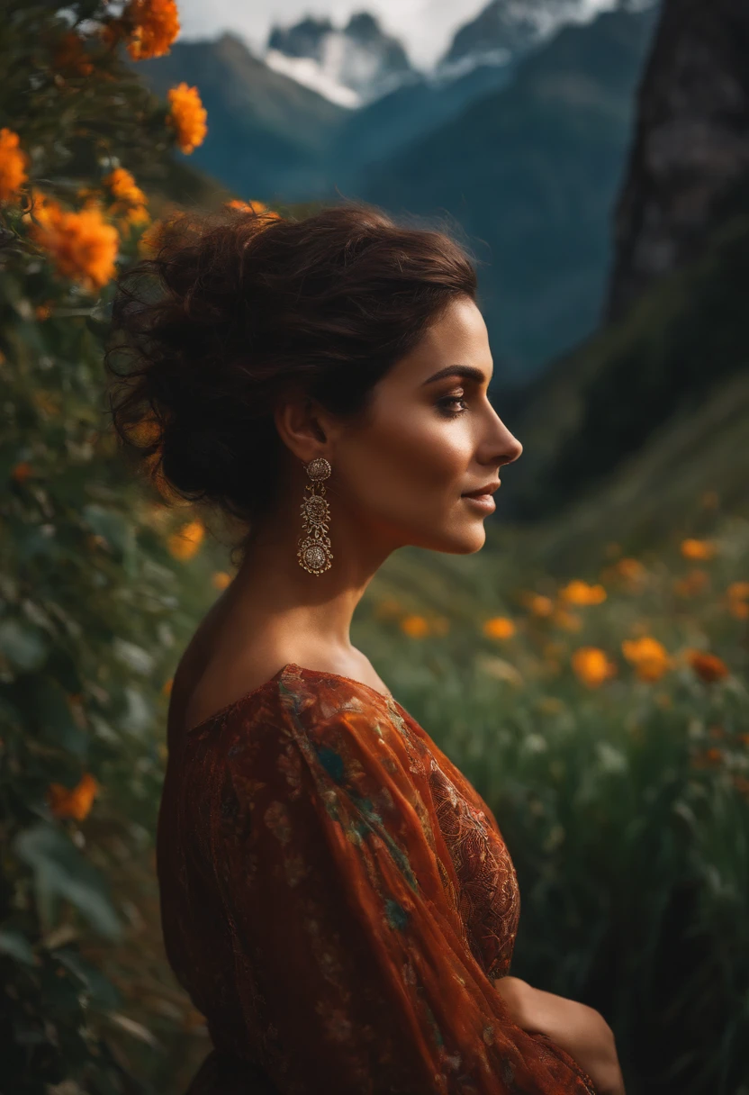 Magia realista de uma mulher com cabelo, comprido cabelos loiros, vestindo uma blusa decotada preta, Expression of joy standing, Mountain Setting, com luz e flores