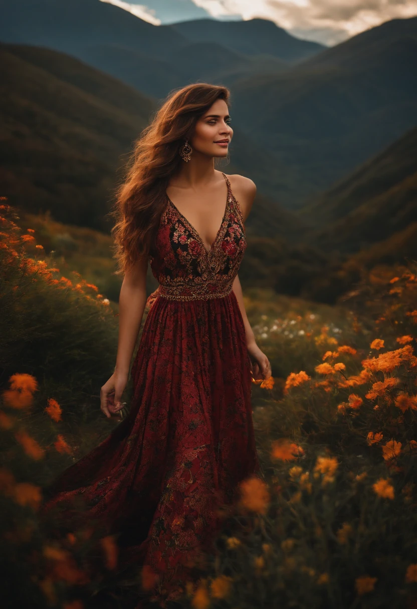 Magia realista de uma mulher com cabelo, comprido cabelos loiros, vestindo uma blusa decotada preta, Expression of joy standing, Mountain Setting, com luz e flores