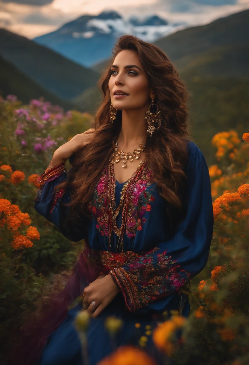 Magia realista de uma mulher com cabelo, comprido cabelos loiros, vestindo uma blusa decotada preta, Expression of joy standing, Mountain Setting, com luz e flores