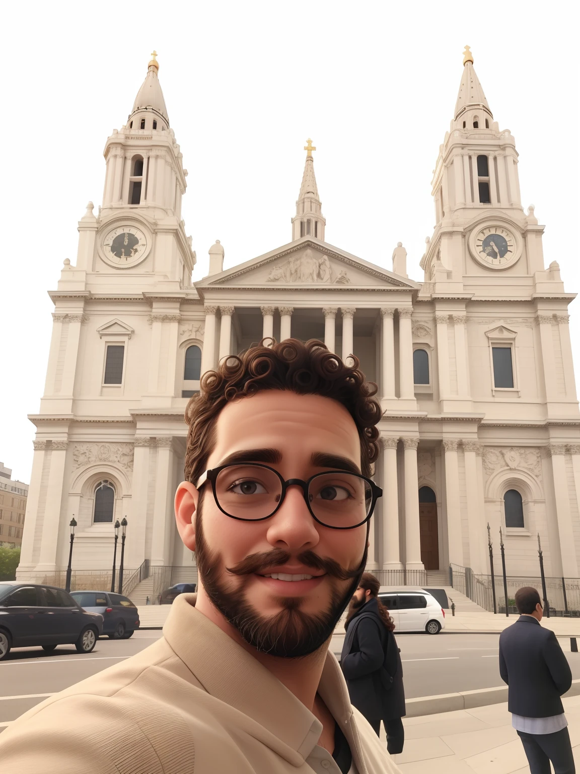 Saint Paul’s cathedral in the backward, curly hair, full beard, glasses