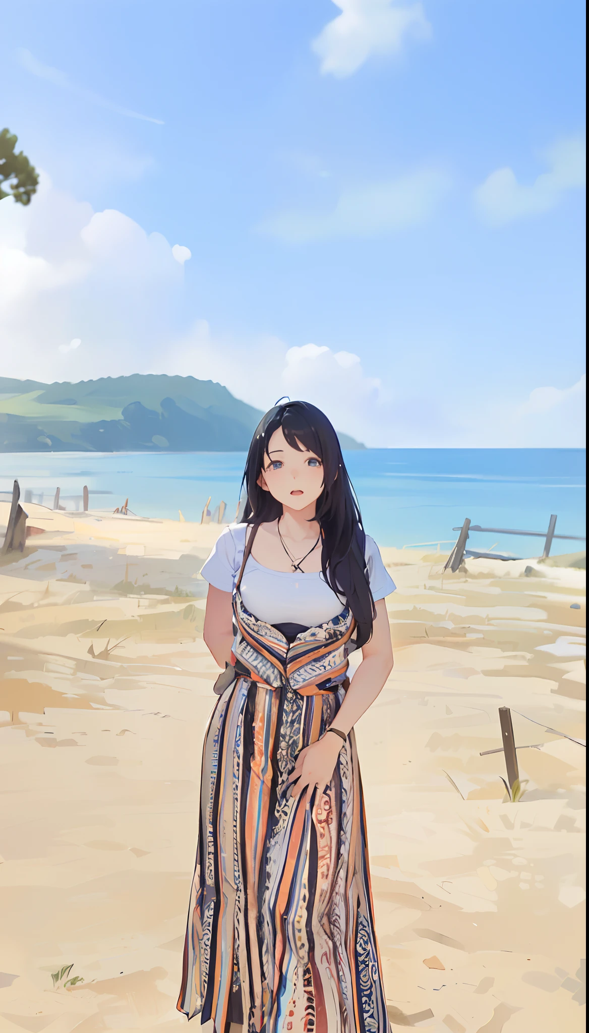 (1girl, tailored jacket, dark blue pleated skirt, school uniform), (full body, from bellow:1.2), absurdres, highres, ultra detailed, scenery, landscape, (wide shot:1.4), (grasslands, blue sky, cumulonimbus cloud:1.3), (soft focus, diffusion Filter), dreamy ambiance