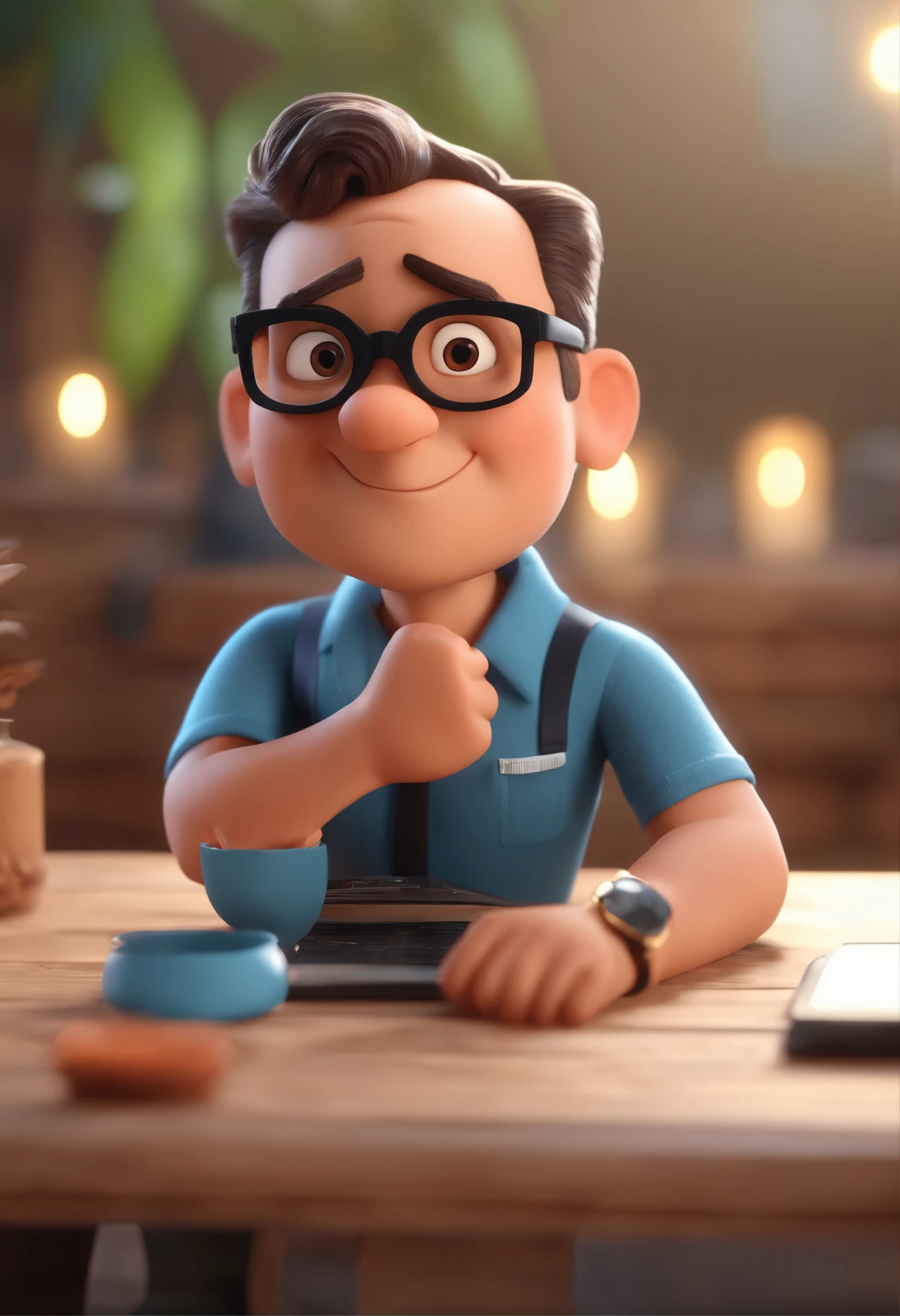 Cartoon character of a man with black glasses and a blue shirt, animation character, Caractere estilizado, animation style rendering, 3D estilizado, Arnold Maya render, 3 d render stylized, toon render keyshot, Personagem 3D, Personagem 3D, 3d rendering stylized, 3 d character render, personagem de desenho animado, Personagem de close up, Pose de personagem,  (Estilo Pixar) (master part:1.2) (Bokeh) (best quality) (pele detalhada) (textura detalhada) (8k) (argila) (Cinematic lighting) (foco nítido