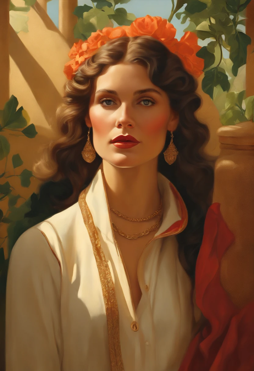 (Retratos femininos surrealistas), (arte de fantasia sombria: 1.6), Estilo David Hockney e Alphonse Mucha, Realismo impressionante, dynamic lighting, 4k resolution, Very detailed facial features, Premiado, cowboy shot, (Uniforme Oficial: 1.4), cabelos longos e grisalhos, Sombras profundas.