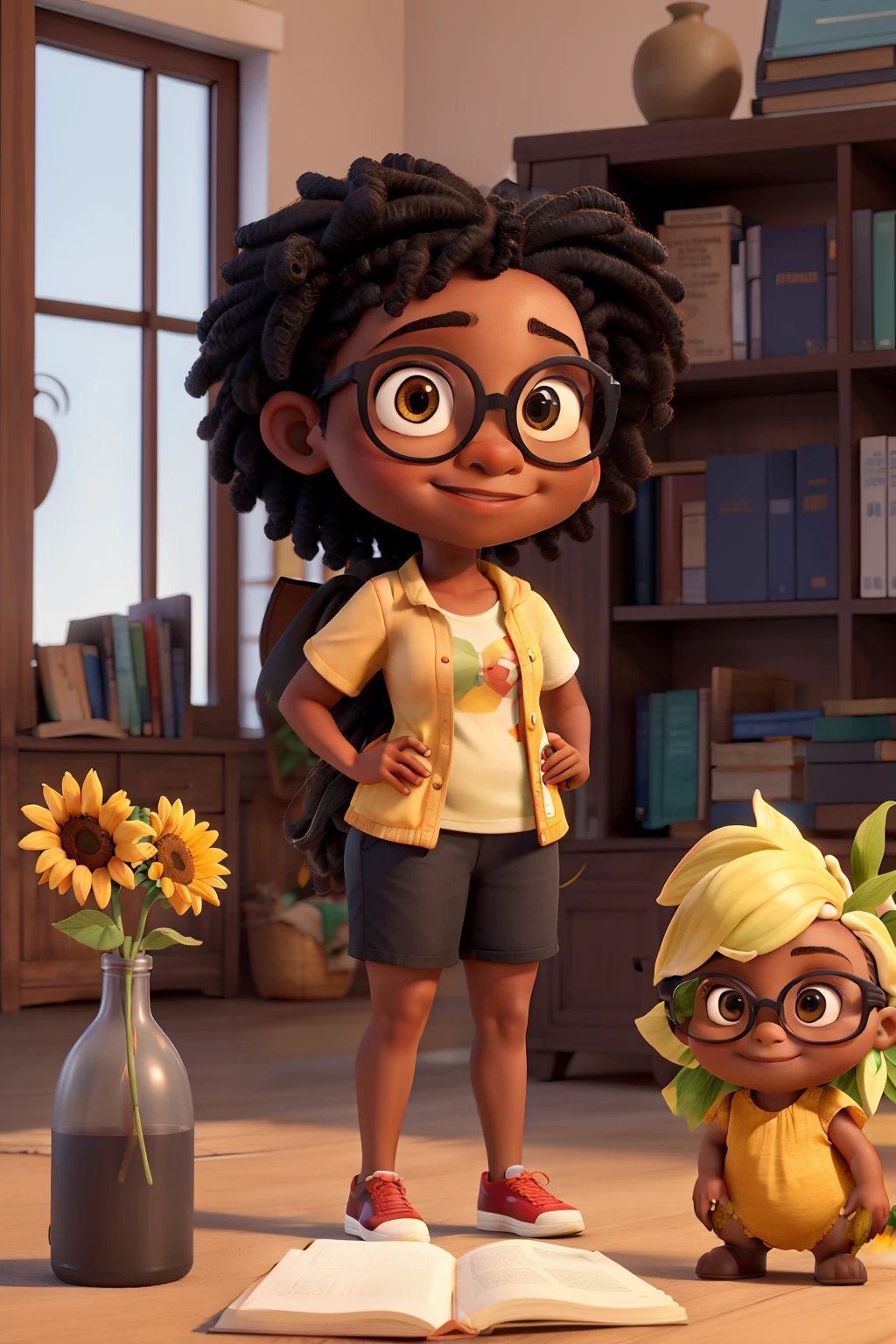 Uma negra e gordinha, With eye Glasses, cabelos crespo escuro, with books and sunflowers