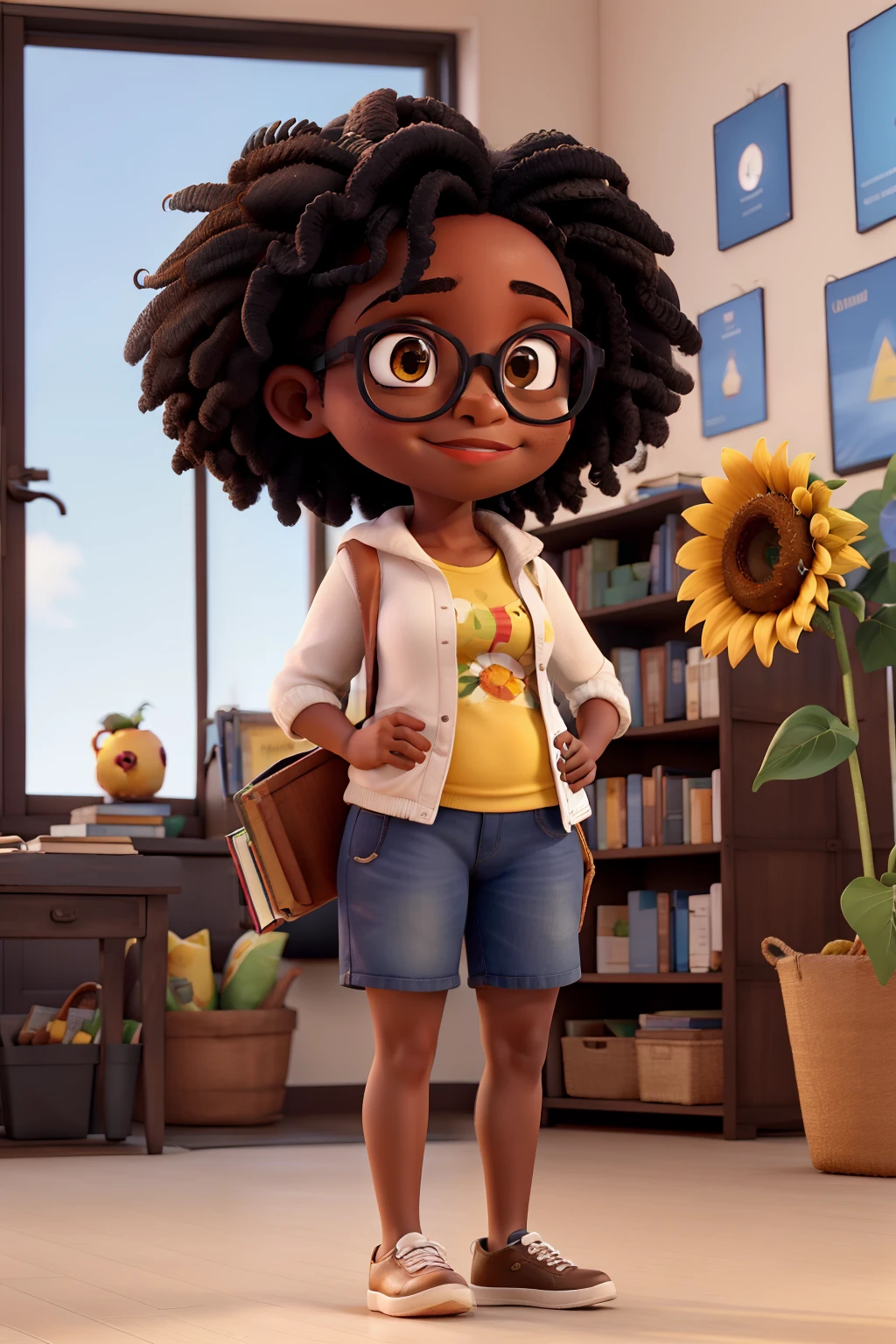 Uma menina negra e gordinha, With eye Glasses, cabelos crespo escuro, with books and sunflowers