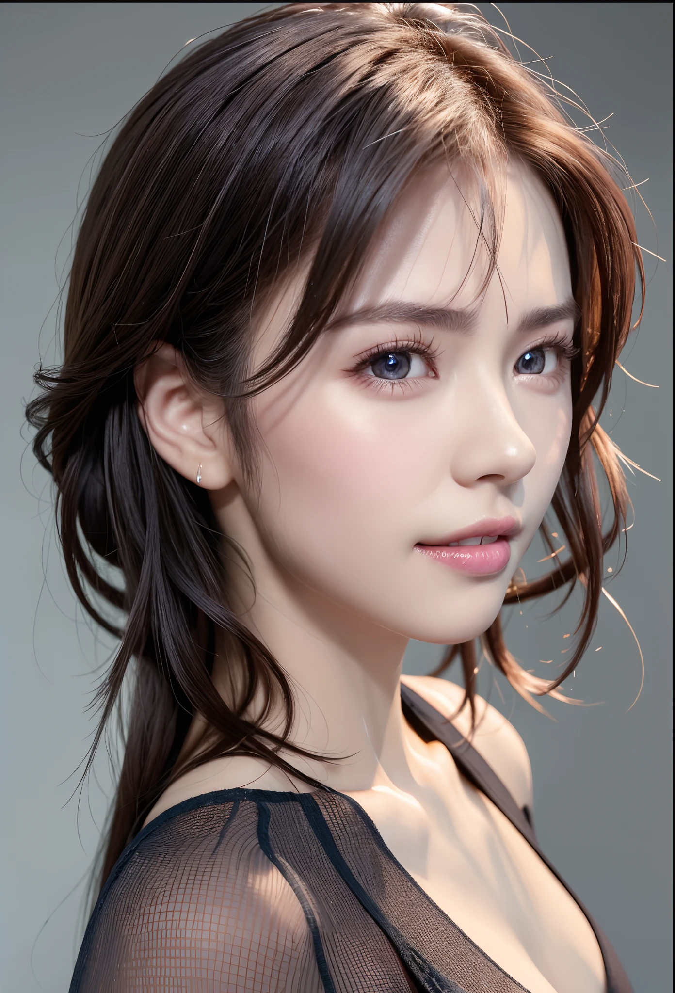 Fashion model 25 years old, [Close-up]]]], [[Chest]]]], [Neck]]]], [Shoulder]]]], perfect eyes, perfect iris, perfect lips, perfect teeth, perfect skin, soft front light, glow, HDR, (muted colors: 1.2)