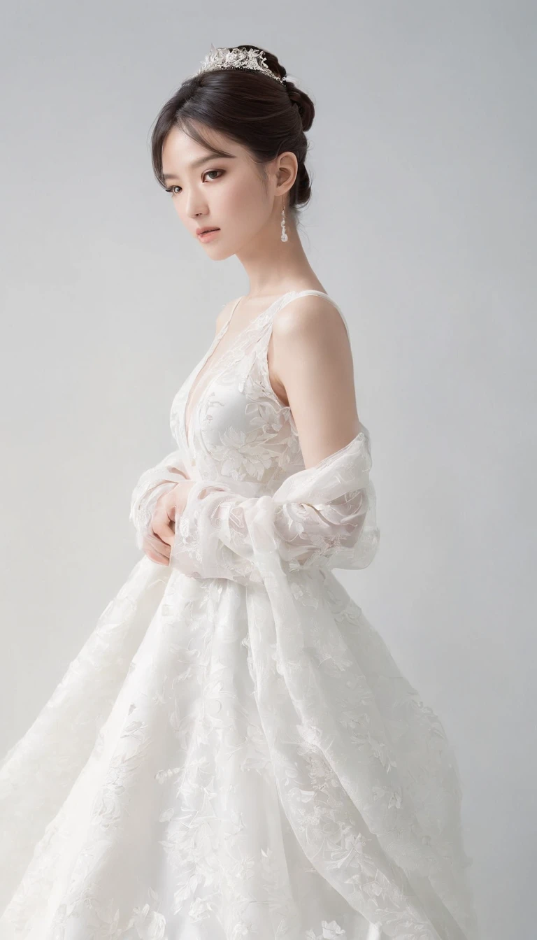 Japan Female, 26 years old。Photo taken alone。wedding photos。Wearing a long wedding dress.、The hairstyle is tight chignon hair with an updo style。No hair ornaments。Full body photo against the background of a white wall。Portrait photo-like composition of full-body pose with hands together below the navel。The eyes are looking down at an angle。More realistic。